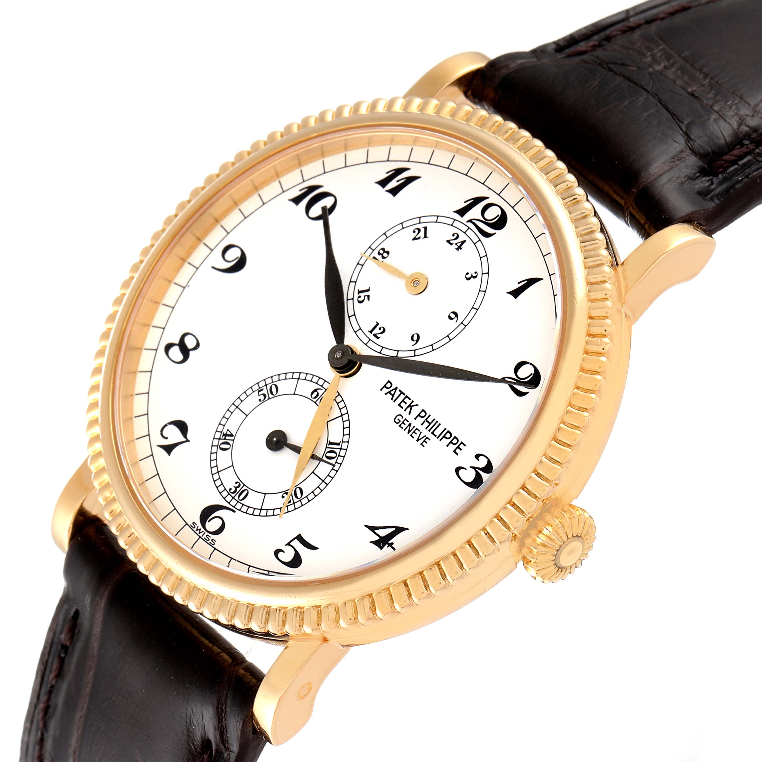 This Patek Philippe Calatrava 5034J Men
s Yellow Gold White Dial 5034J Men
s Yellow Gold White Dial watch is shown at an angle displaying the dial, crown, and leather strap.