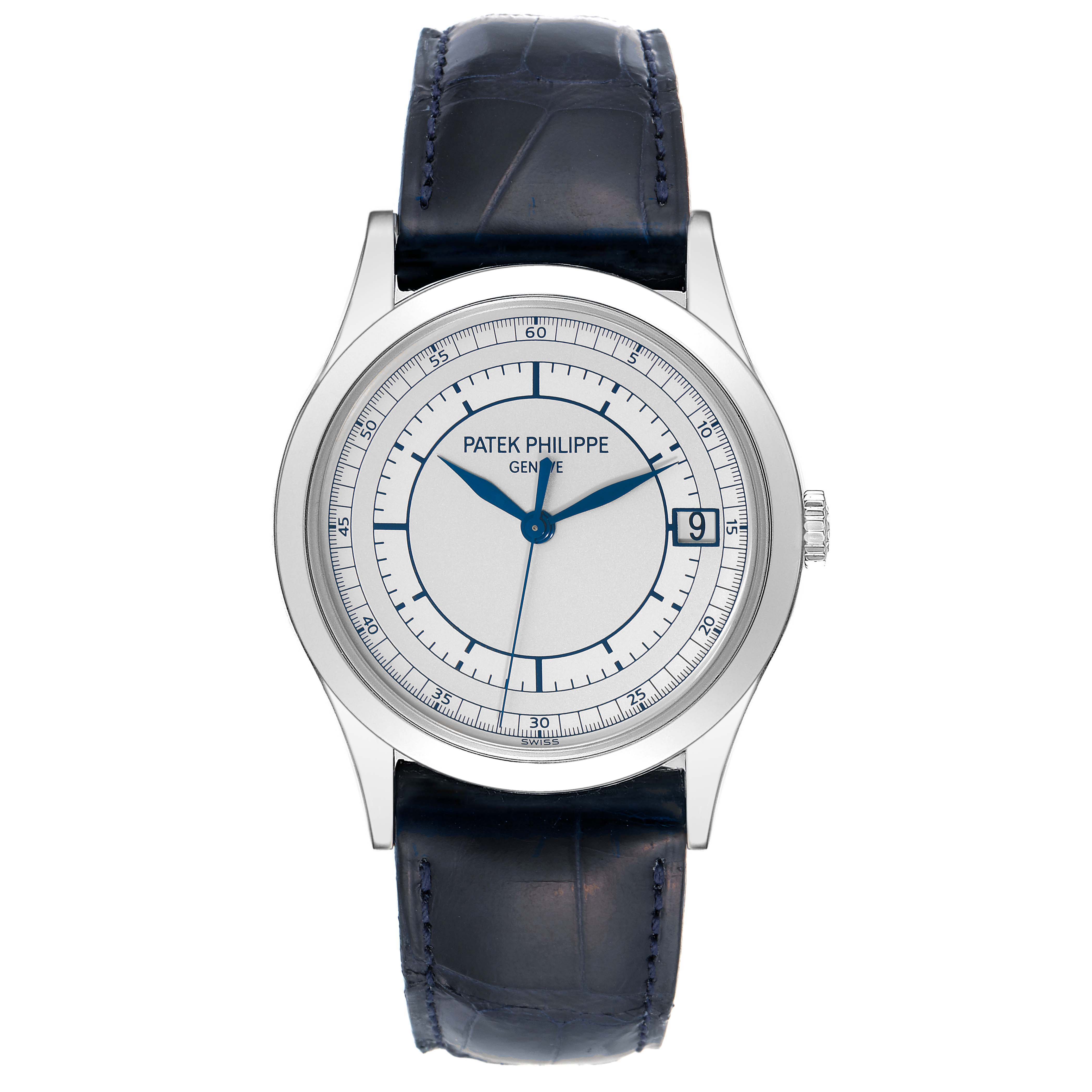 The Calatrava model by Patek Philippe is shown from a front view, displaying its dial, hands, case, and leather strap.