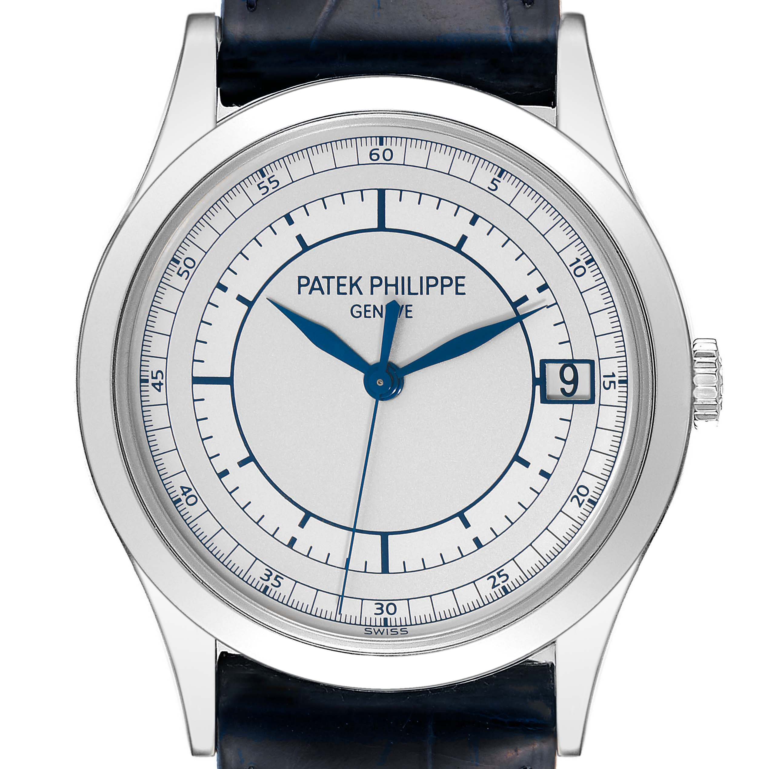 This image shows a front view of a Calatrava model watch by Patek Philippe, highlighting its dial, hands, case, and date window.