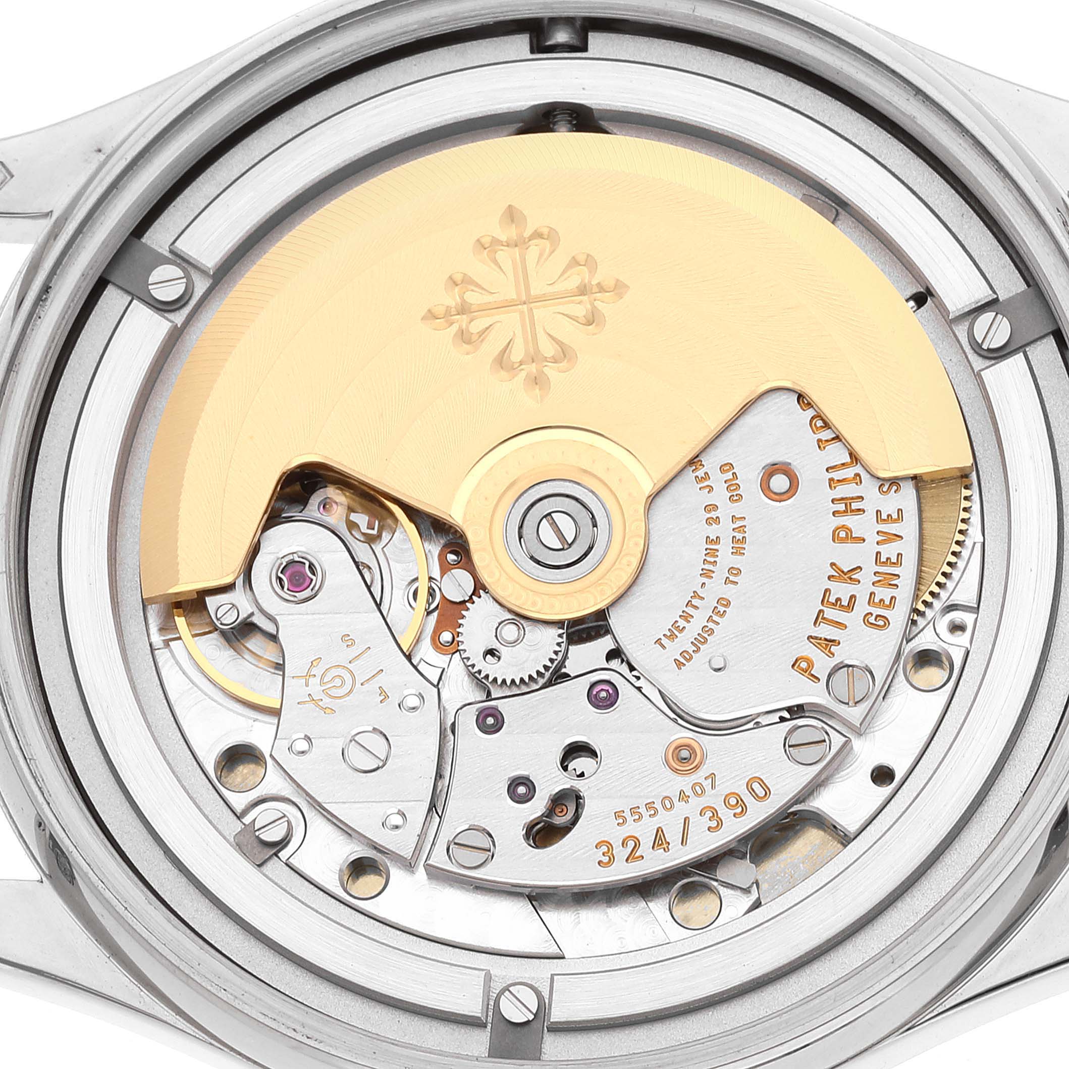 The image shows the back view of the Patek Philippe Calatrava 5296G Men's White Gold Silver Dial 5296G Men's White Gold Silver Dial watch, highlighting its intricate movement and components.