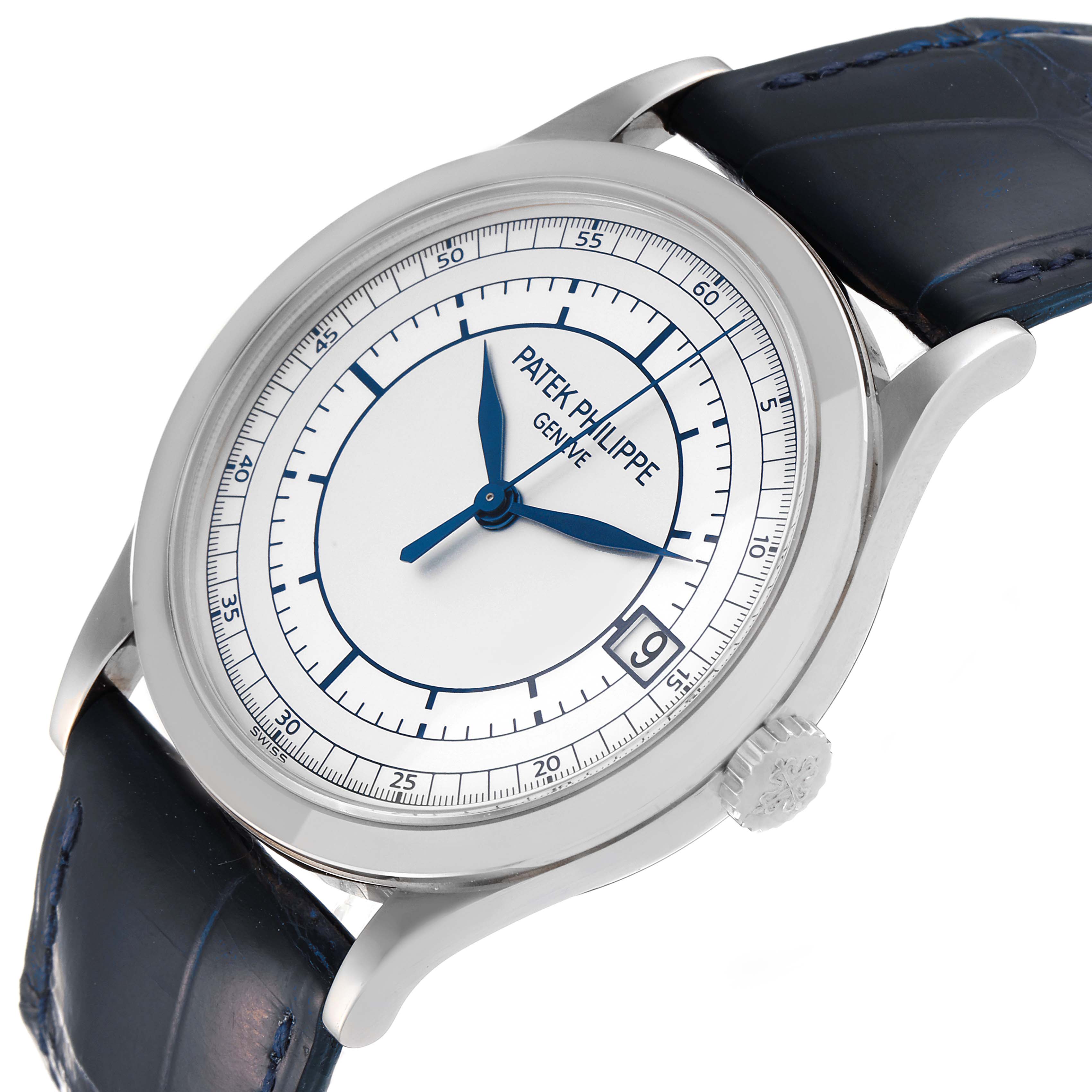 This image shows a Patek Philippe Calatrava 5296G Men's White Gold Silver Dial 5296G Men's White Gold Silver Dial watch angled from the front and slightly to the right, displaying the face, crown, and part of the strap.