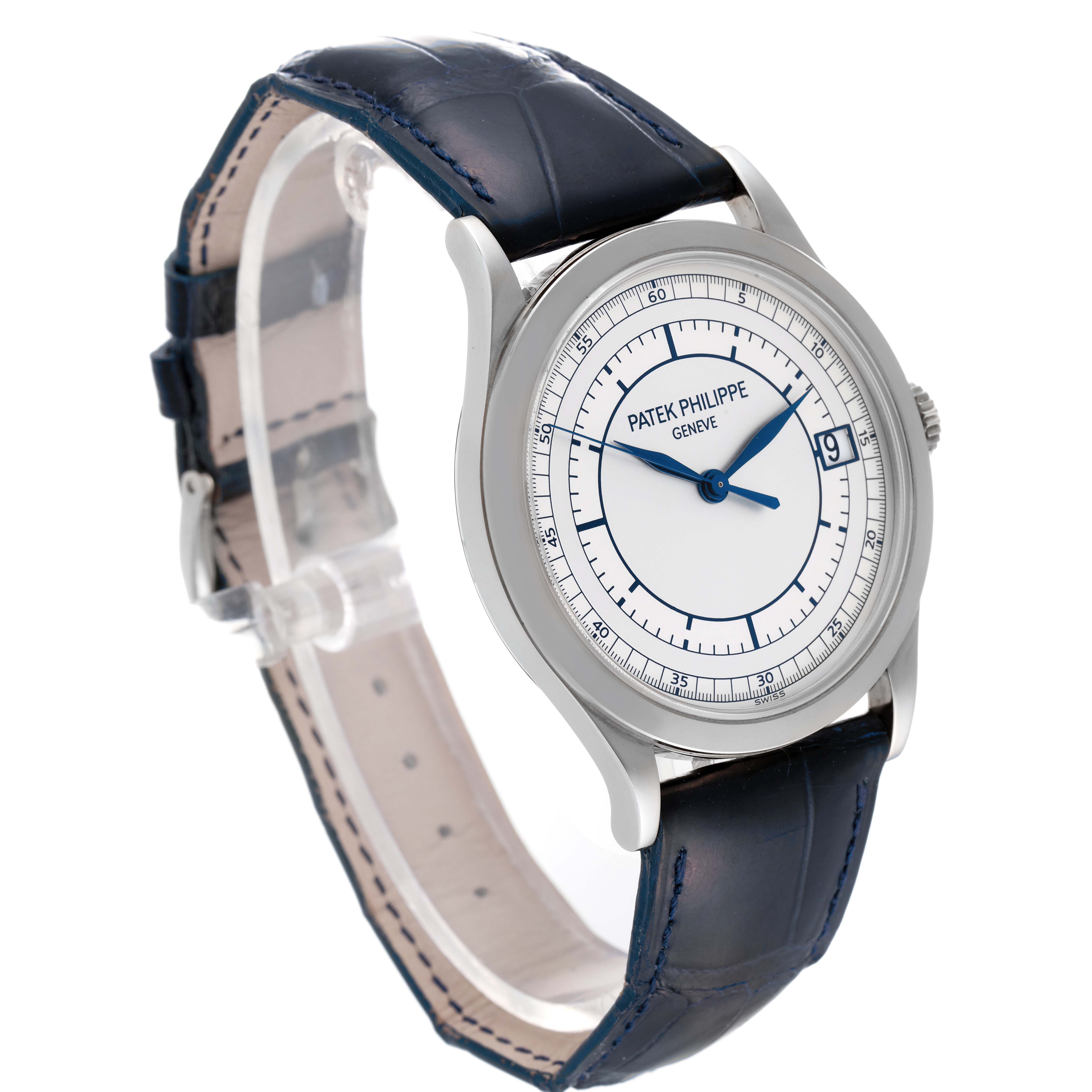 The image shows a front side view of a Patek Philippe Calatrava 5296G Men's White Gold Silver Dial 5296G Men's White Gold Silver Dial watch with a blue leather strap and a white dial.