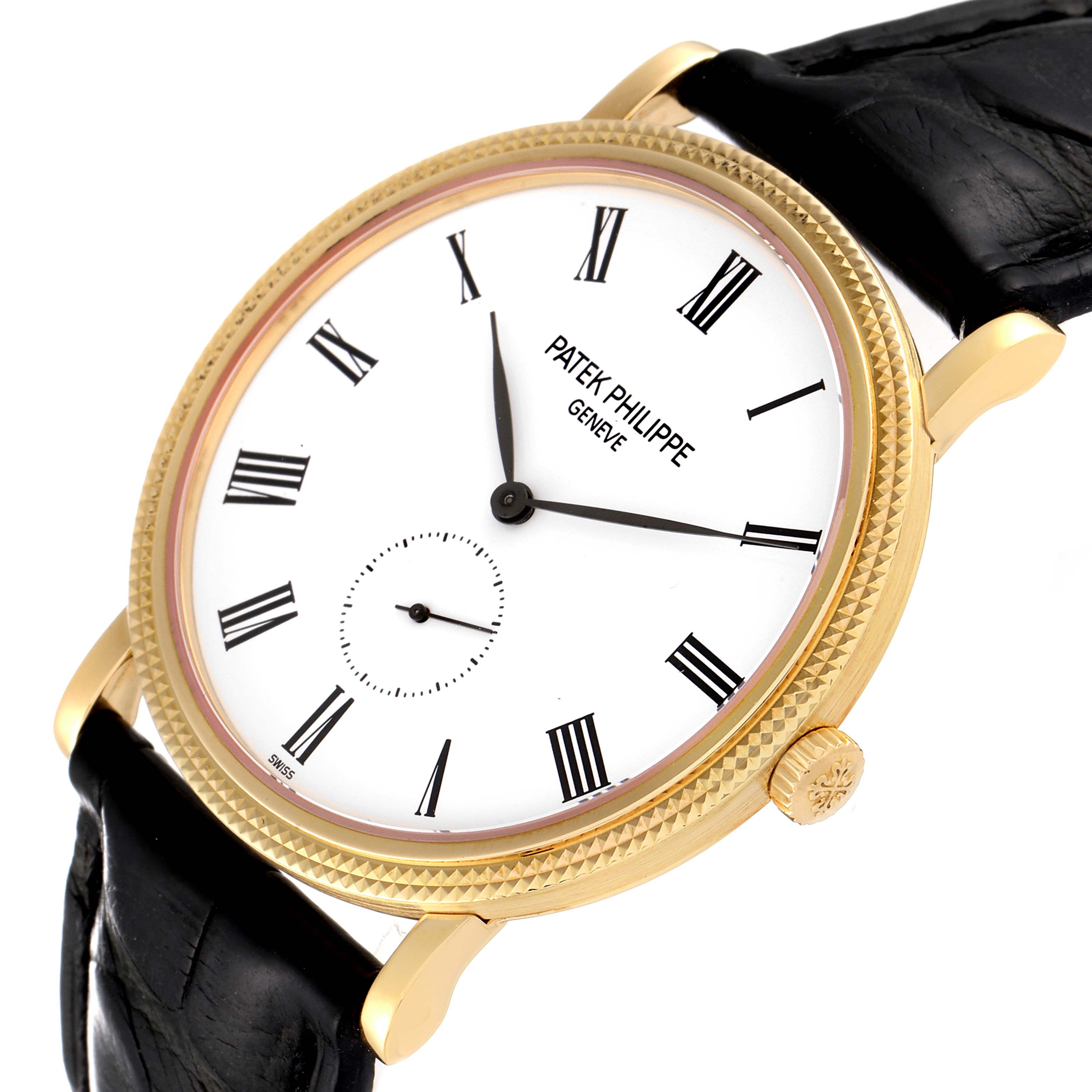 The Patek Philippe Calatrava 5119J Men's Yellow Gold White Dial 5119J Men's Yellow Gold White Dial watch is shown at a slight angle, displaying its face, crown, and part of the black leather strap.