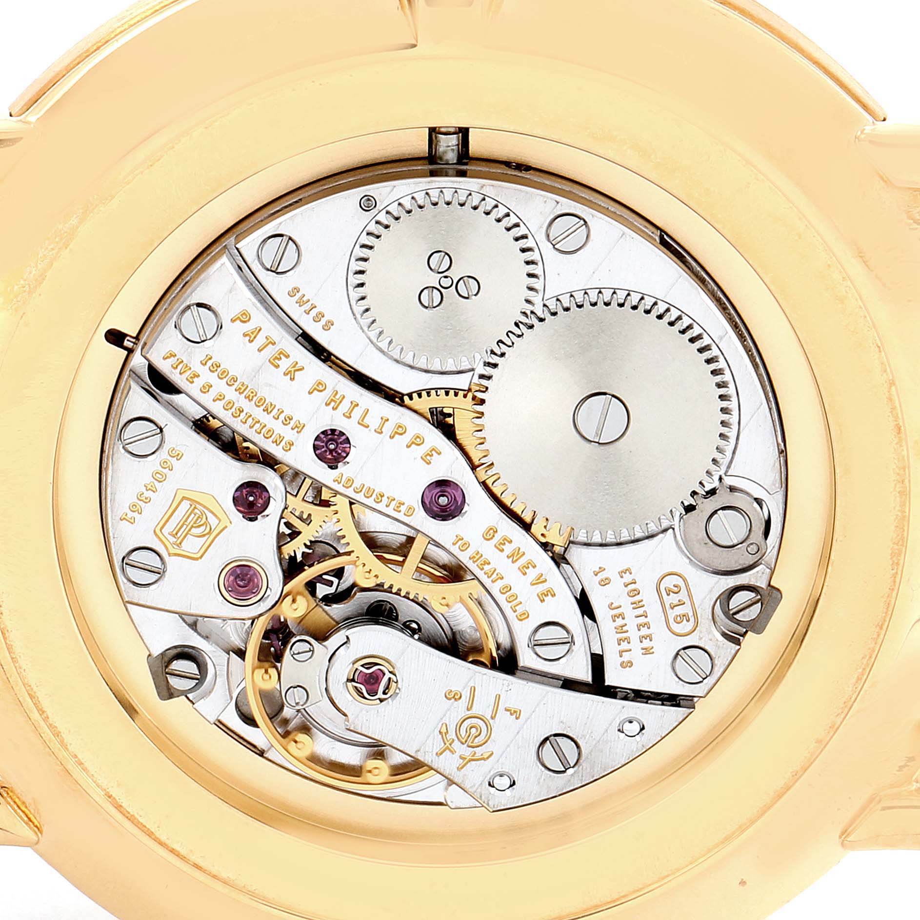 This image shows the intricate back view of the movement of a Patek Philippe Calatrava 5119J Men's Yellow Gold White Dial 5119J Men's Yellow Gold White Dial watch, highlighting its internal mechanisms.