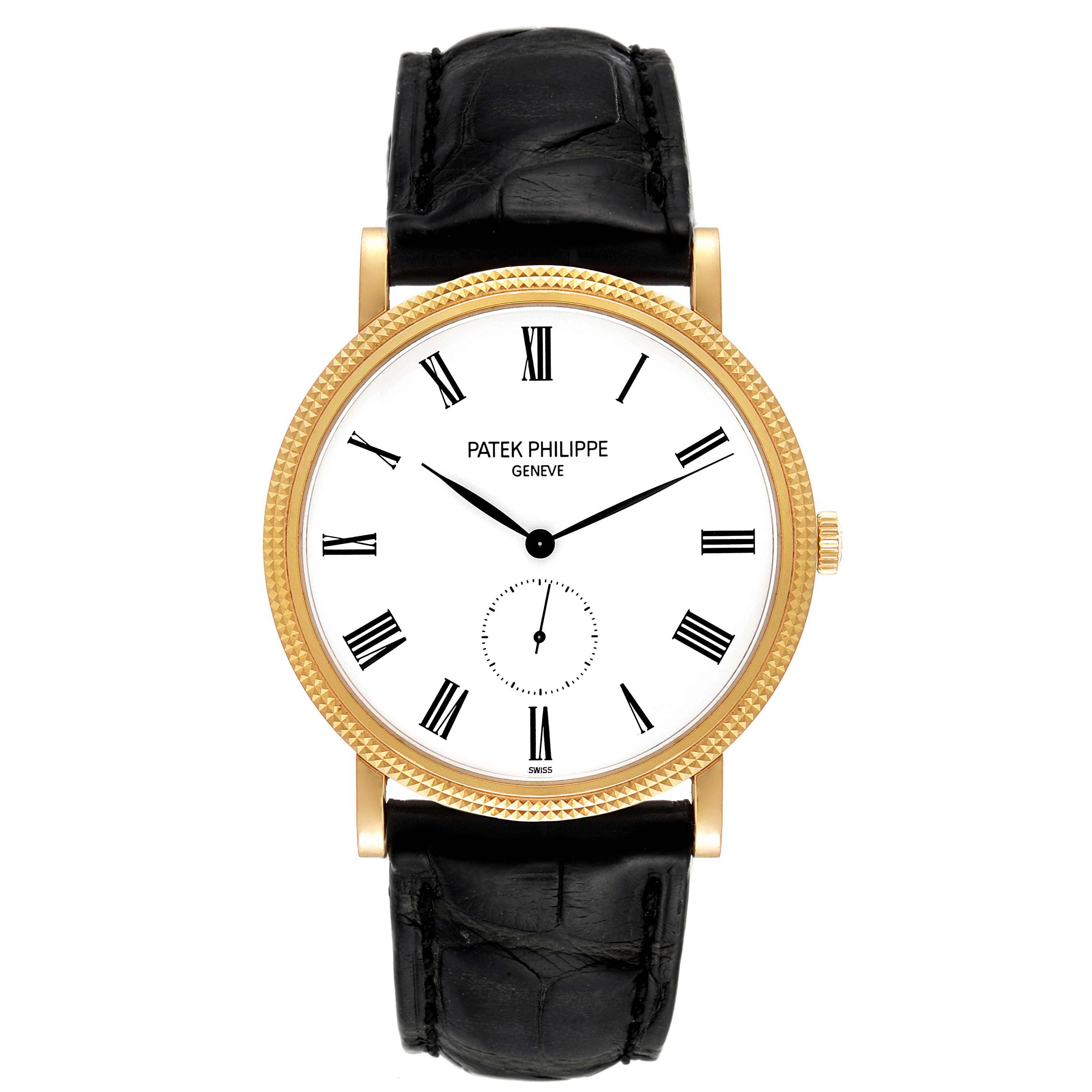 The image shows a frontal view of the Patek Philippe Calatrava 5119J Men's Yellow Gold White Dial 5119J Men's Yellow Gold White Dial watch, displaying its face, bezel, and leather strap.