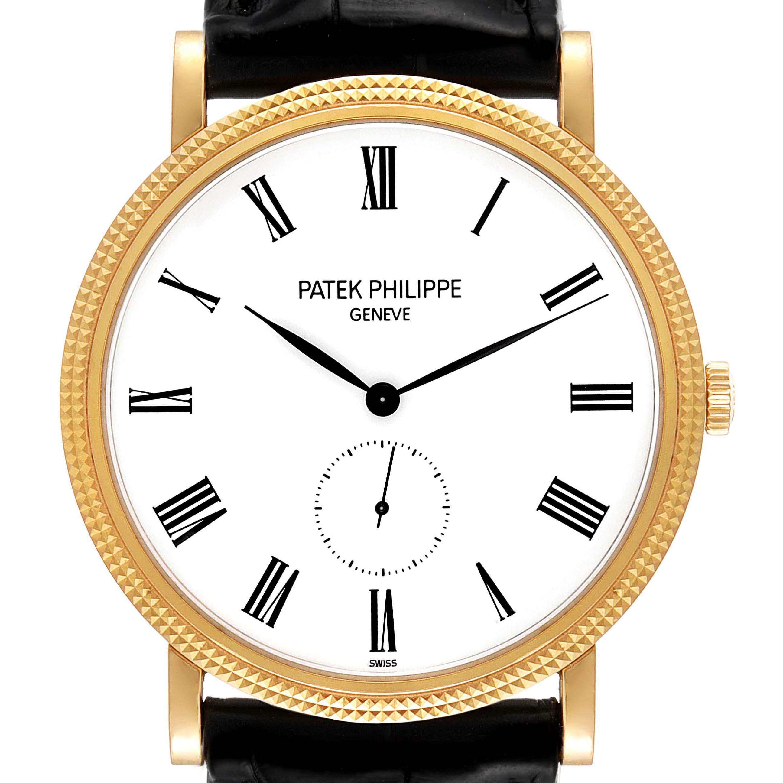 The image shows a front view of a Patek Philippe Calatrava 5119J Men's Yellow Gold White Dial 5119J Men's Yellow Gold White Dial watch, featuring its dial, case, and part of the strap.