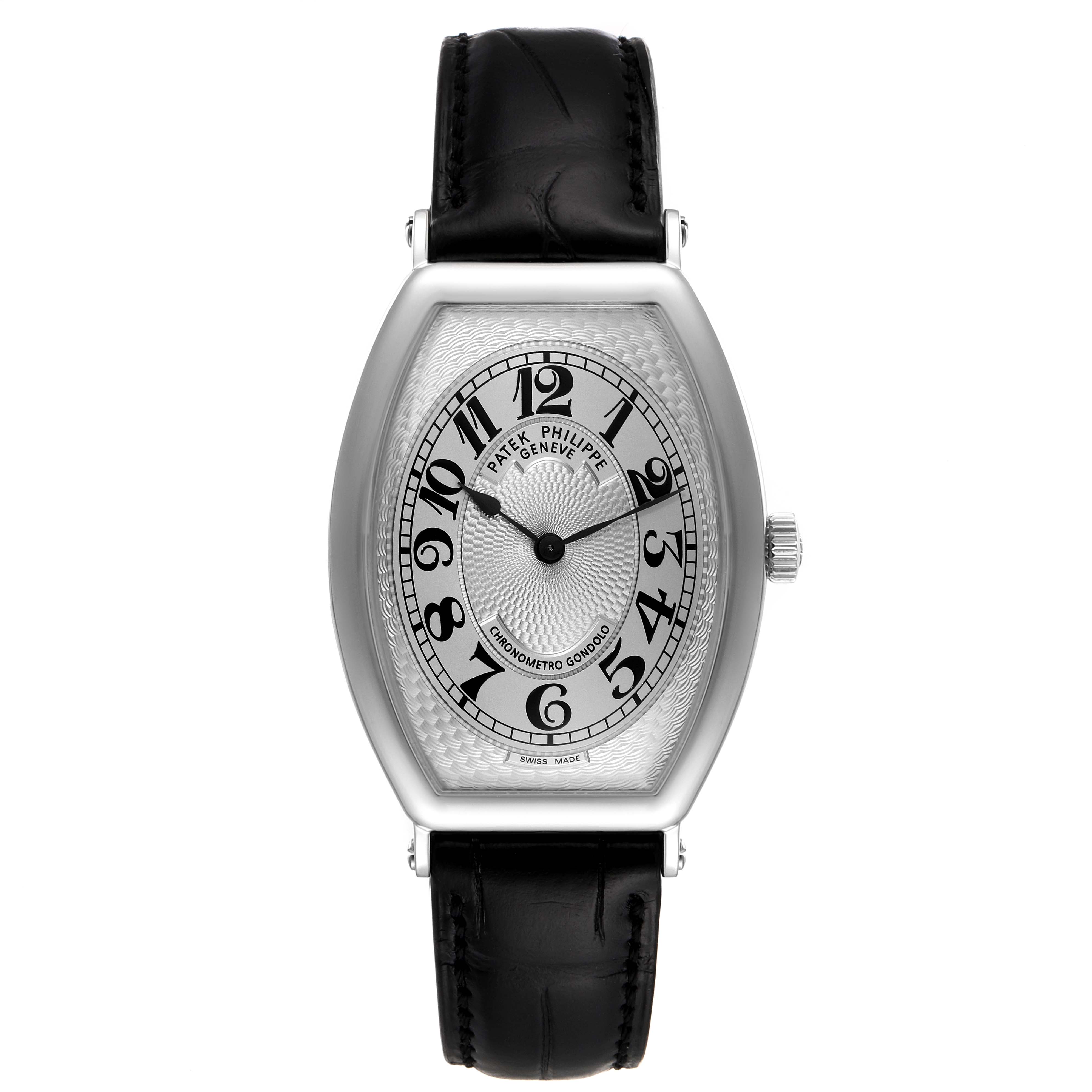 The Patek Philippe Gondolo 5098P Men's Platinum Silver Dial 5098P Men's Platinum Silver Dial watch is shown from a front view, displaying the dial, watch hands, and leather strap.