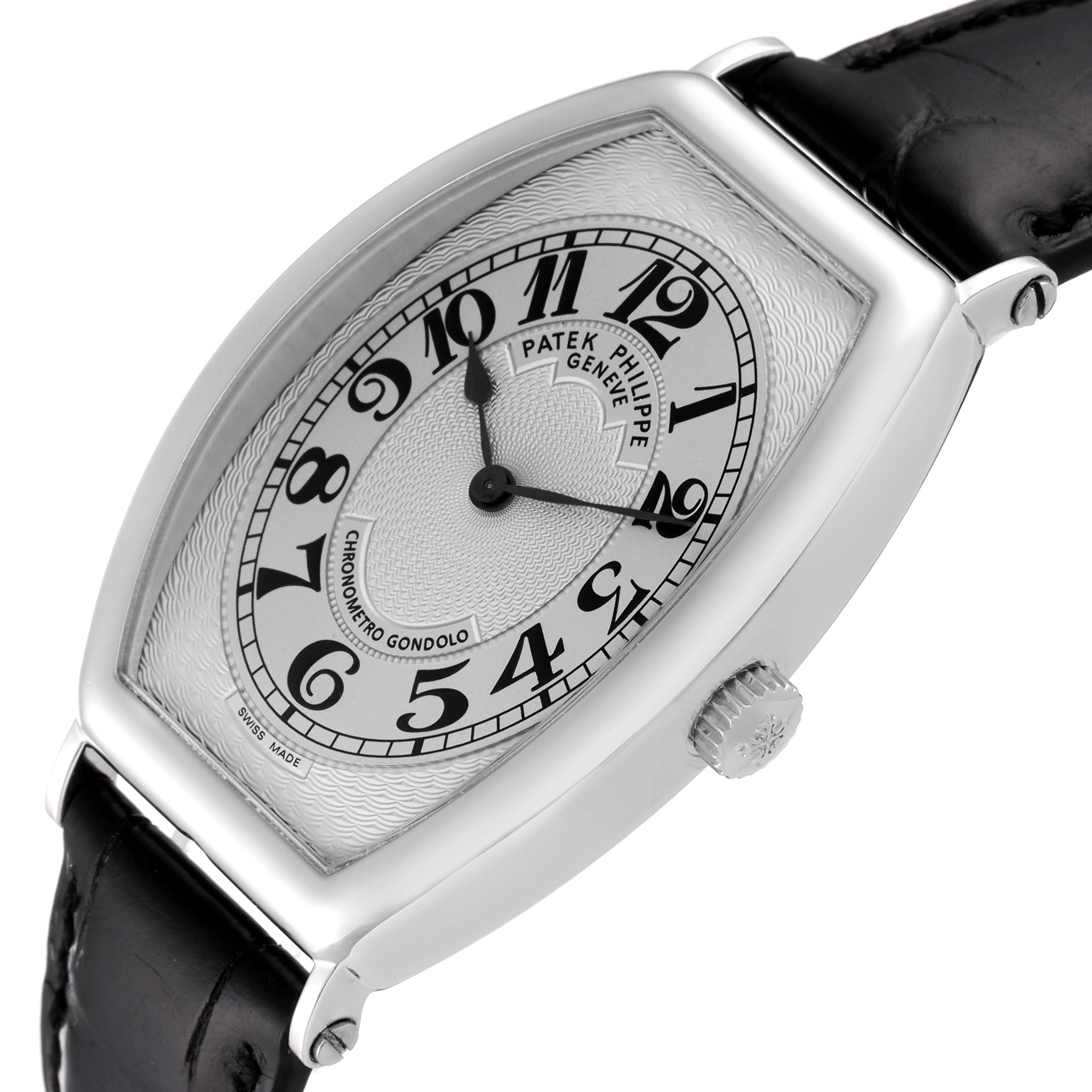 The image shows a front angle of the Patek Philippe Gondolo 5098P Men's Platinum Silver Dial 5098P Men's Platinum Silver Dial watch, highlighting the face, case, and part of the strap.