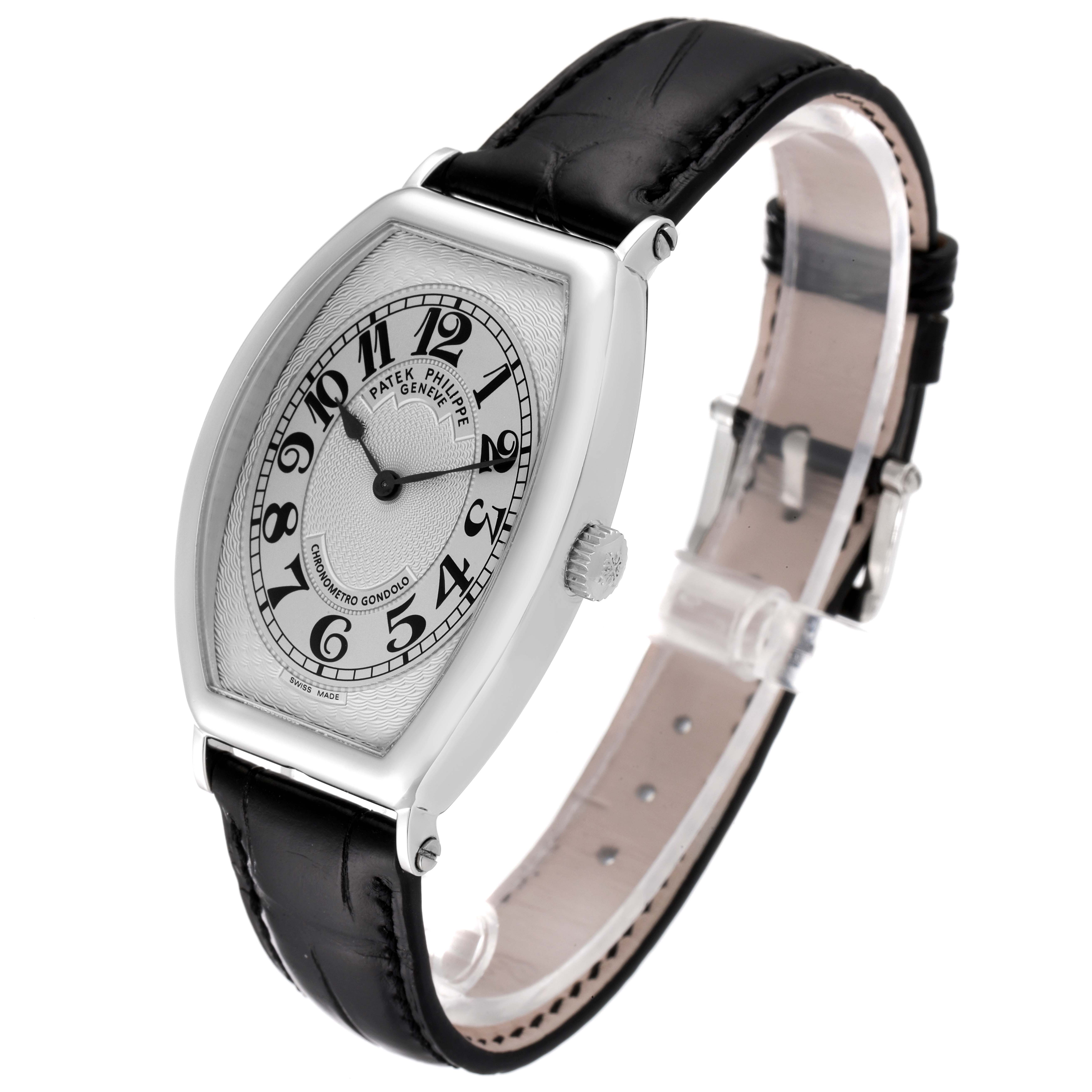 The image shows a Patek Philippe Gondolo 5098P Men's Platinum Silver Dial 5098P Men's Platinum Silver Dial watch at a three-quarter angle, highlighting the face, crown, and leather strap.