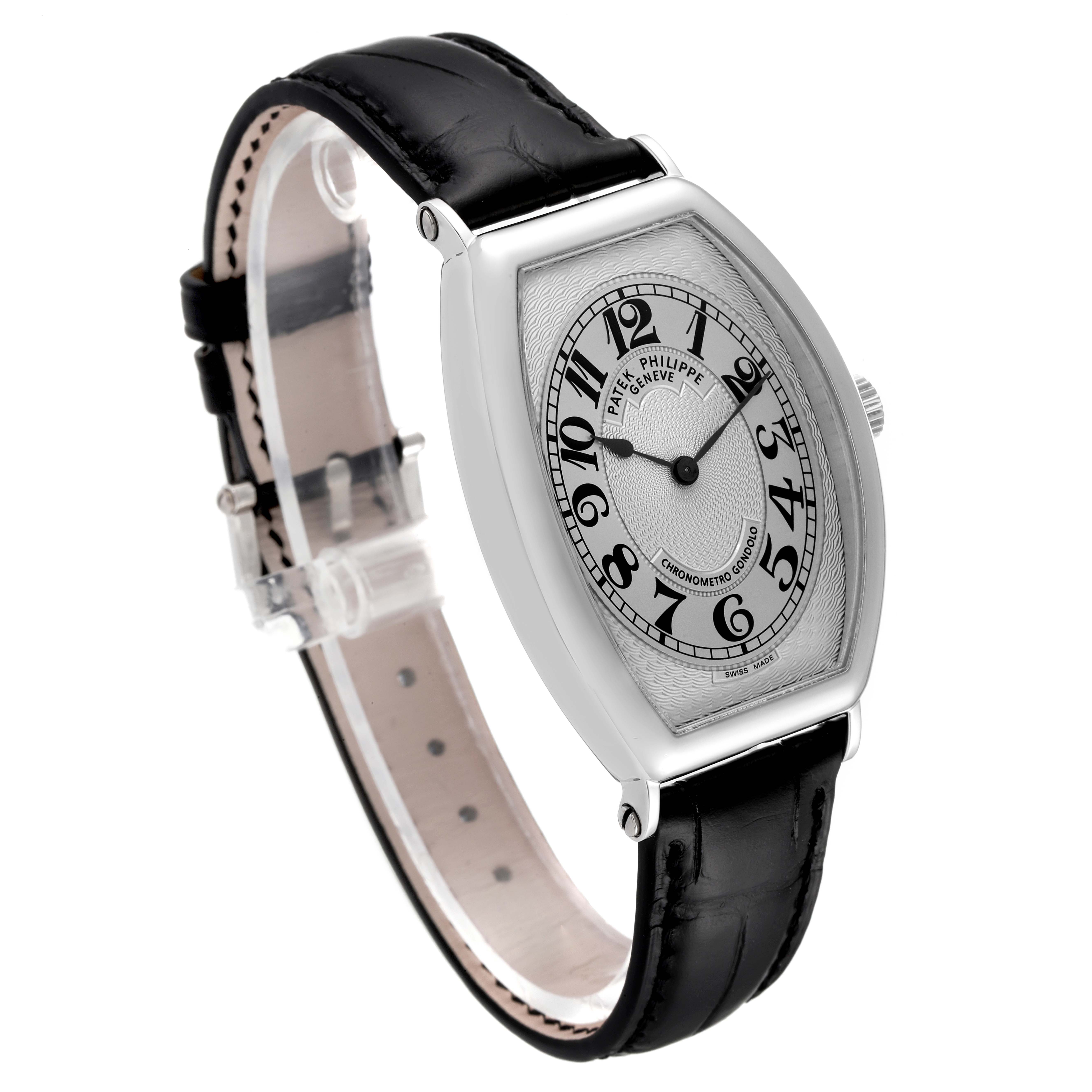 The image shows a front and side view of a Patek Philippe Gondolo 5098P Men's Platinum Silver Dial 5098P Men's Platinum Silver Dial watch, displaying its face, dial, and leather strap.