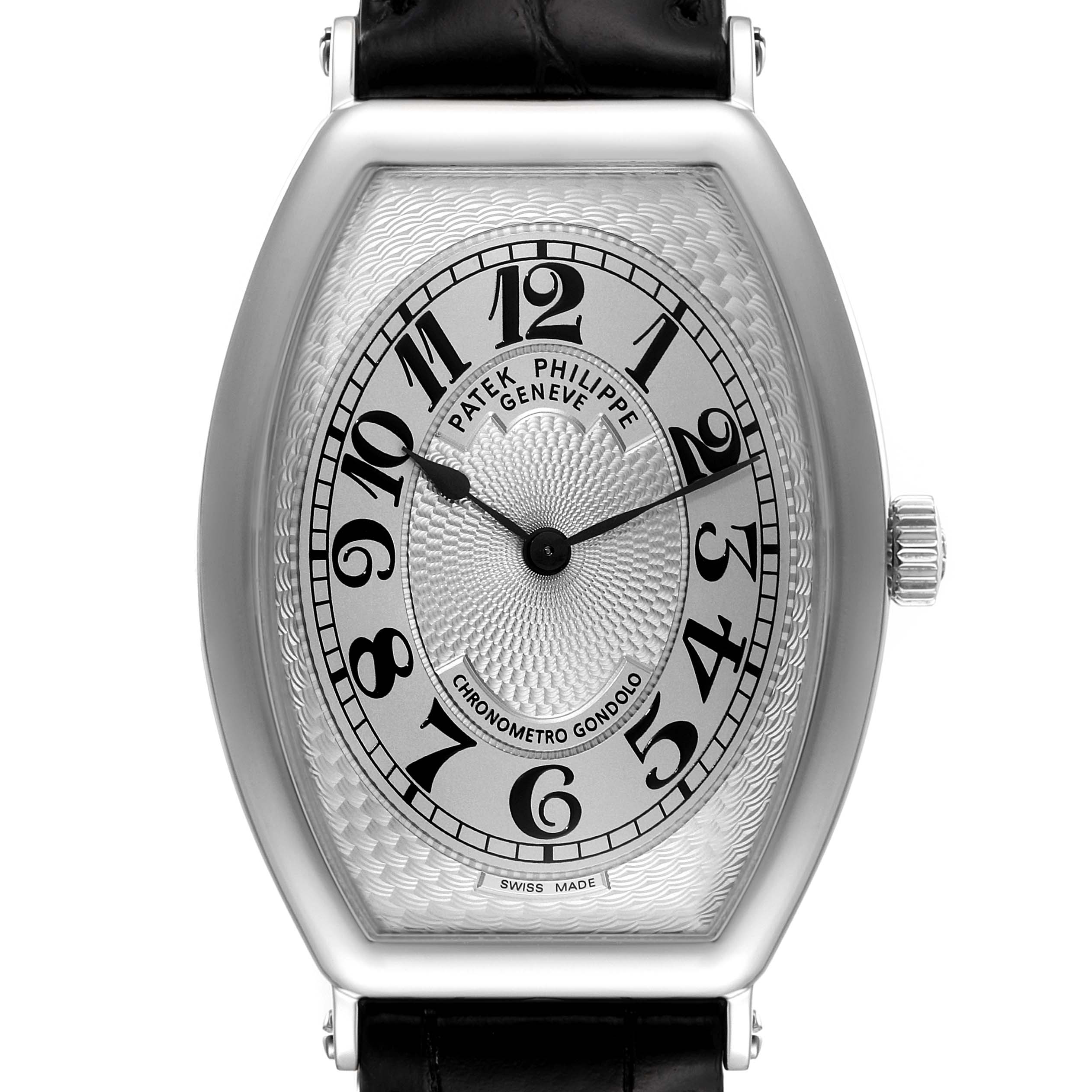 This image shows a frontal view of the Patek Philippe Gondolo 5098P Men's Platinum Silver Dial 5098P Men's Platinum Silver Dial watch, highlighting the dial, numerals, and crown.