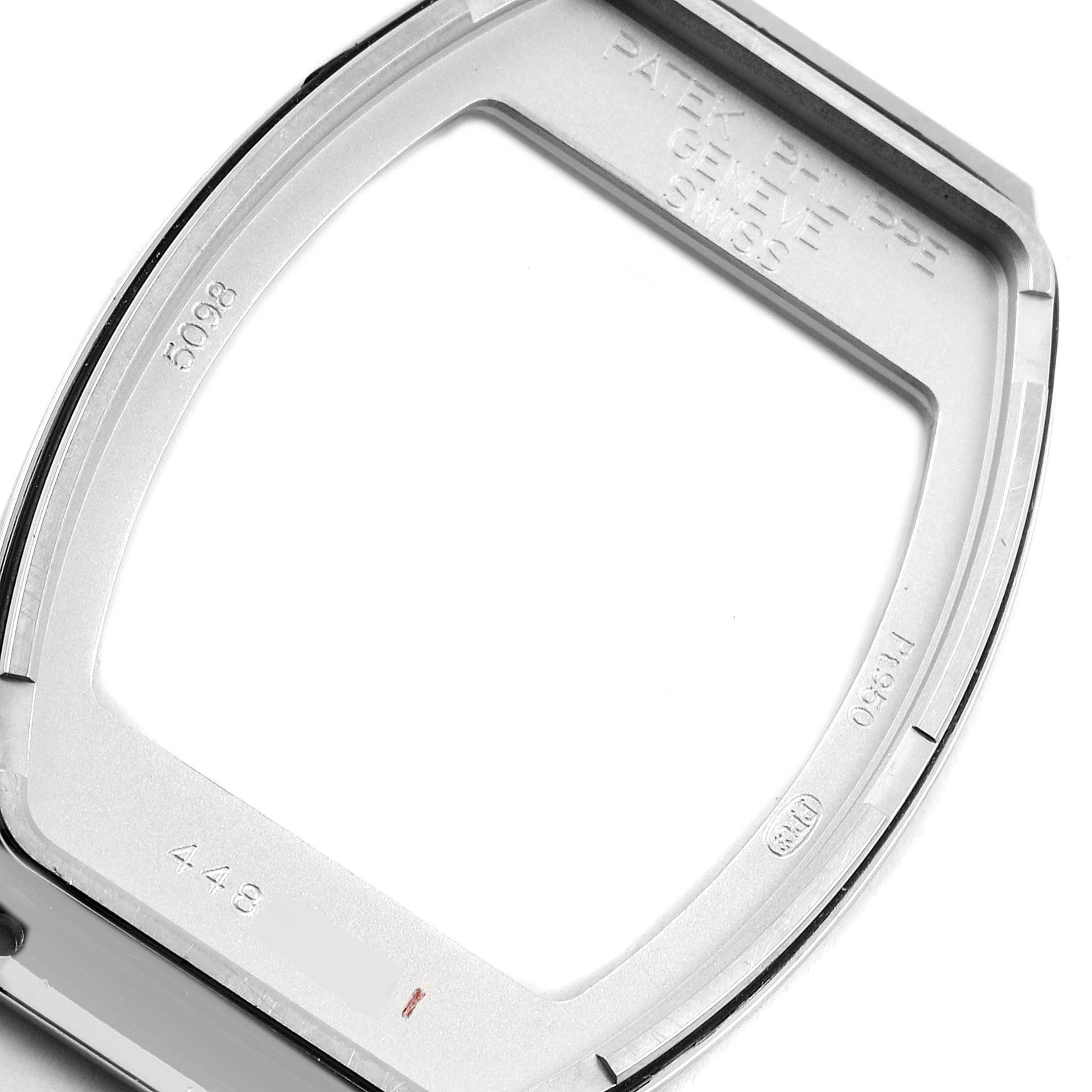 This image shows an angled view of the bezel and part of the case for a Patek Philippe Gondolo 5098P Men's Platinum Silver Dial 5098P Men's Platinum Silver Dial watch.