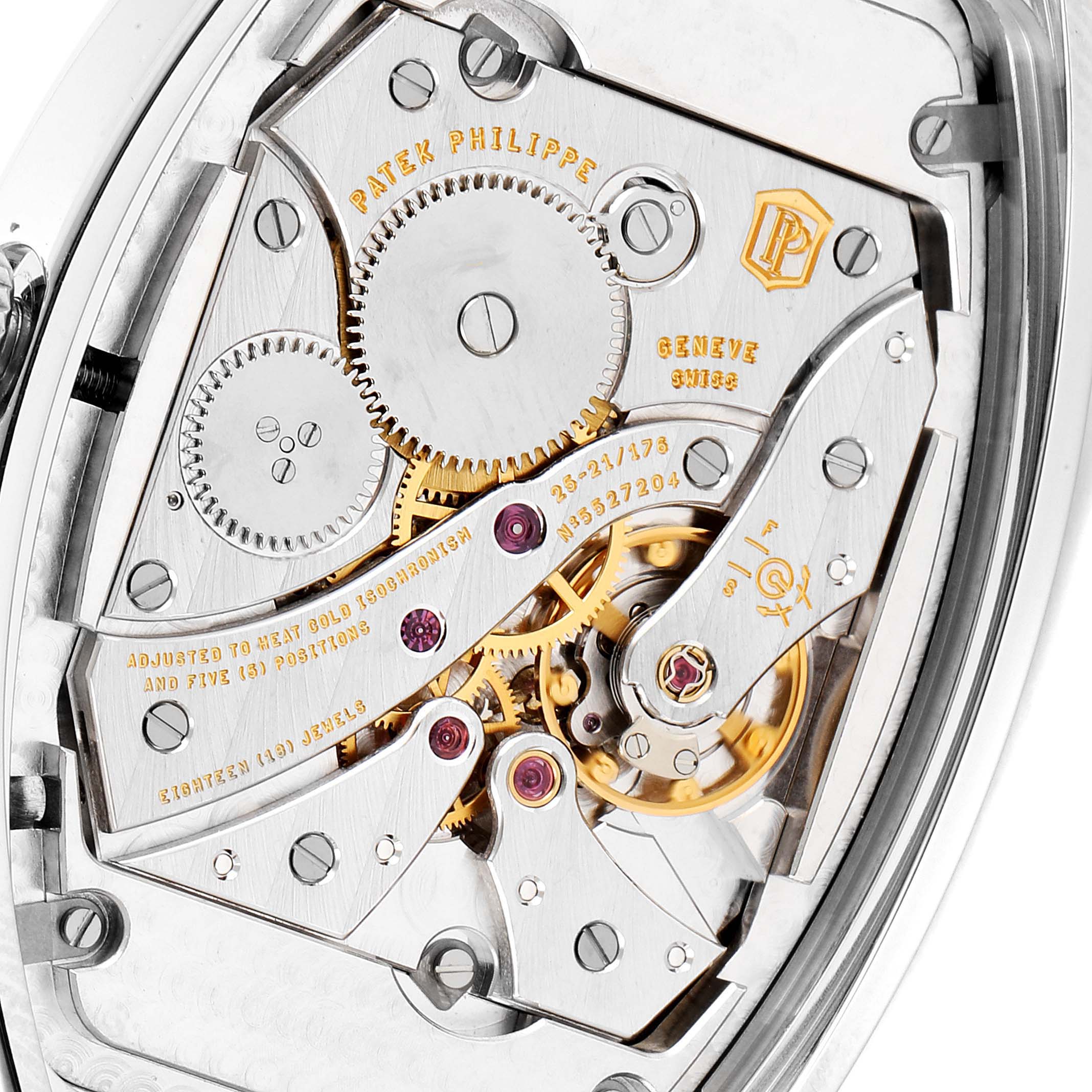The image shows the intricate movement and inner workings of a Patek Philippe Gondolo 5098P Men's Platinum Silver Dial 5098P Men's Platinum Silver Dial watch.