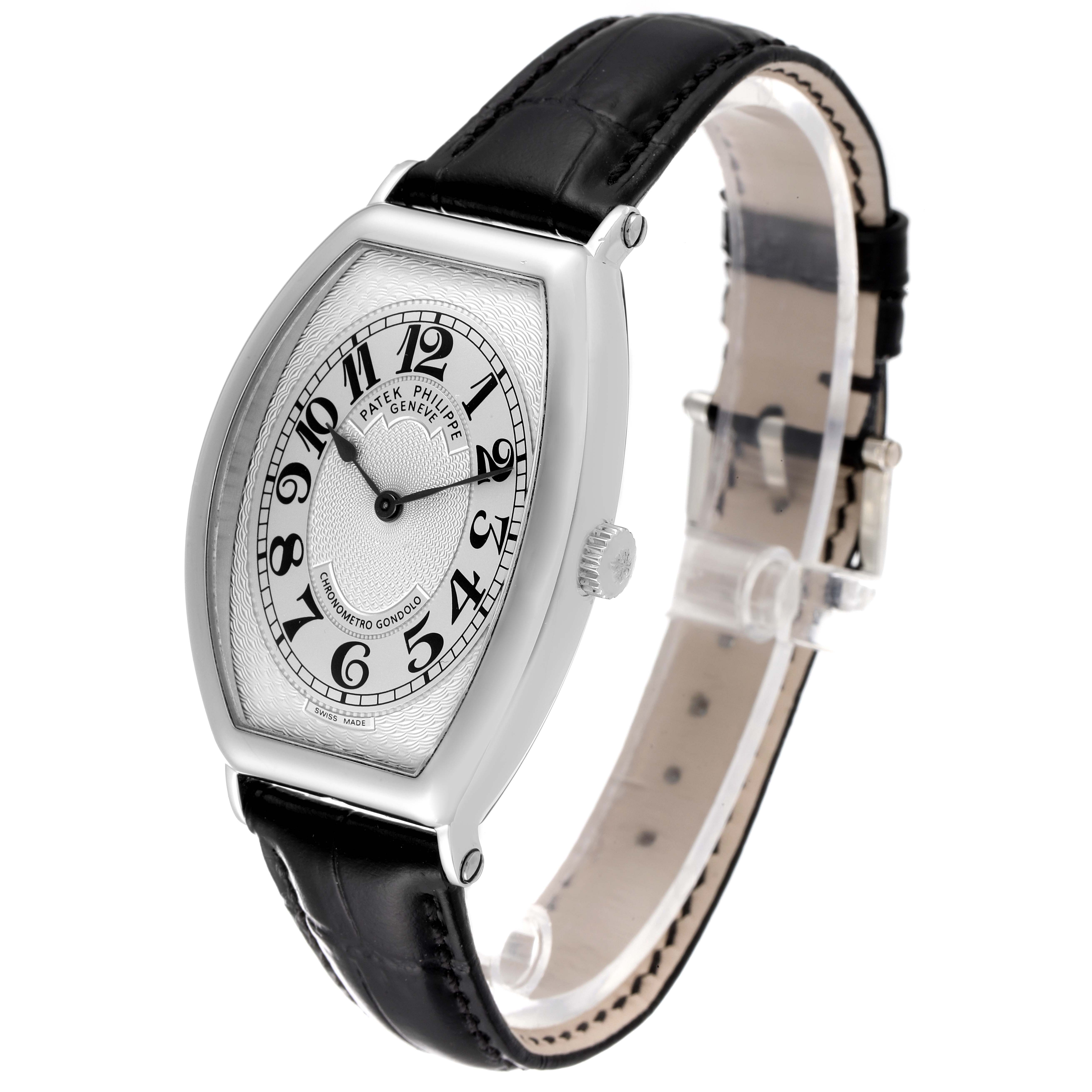The image shows a front and side angle of a Patek Philippe Gondolo 5098P Men
s Platinum Silver Dial 5098P Men
s Platinum Silver Dial watch with a black leather strap.
