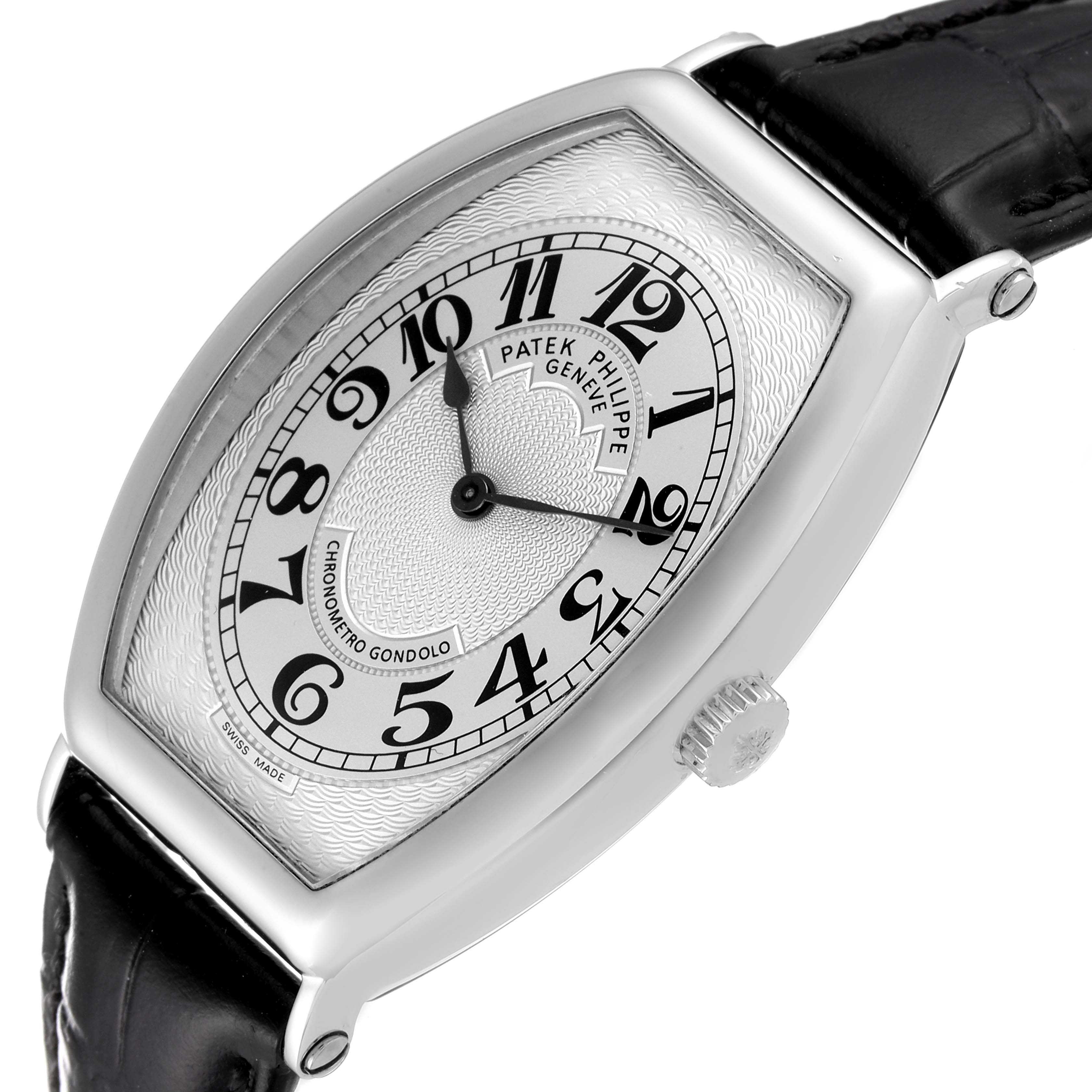 The image showcases a Patek Philippe Gondolo 5098P Men
s Platinum Silver Dial 5098P Men
s Platinum Silver Dial watch from an angled side view, highlighting the dial, case, crown, and strap.
