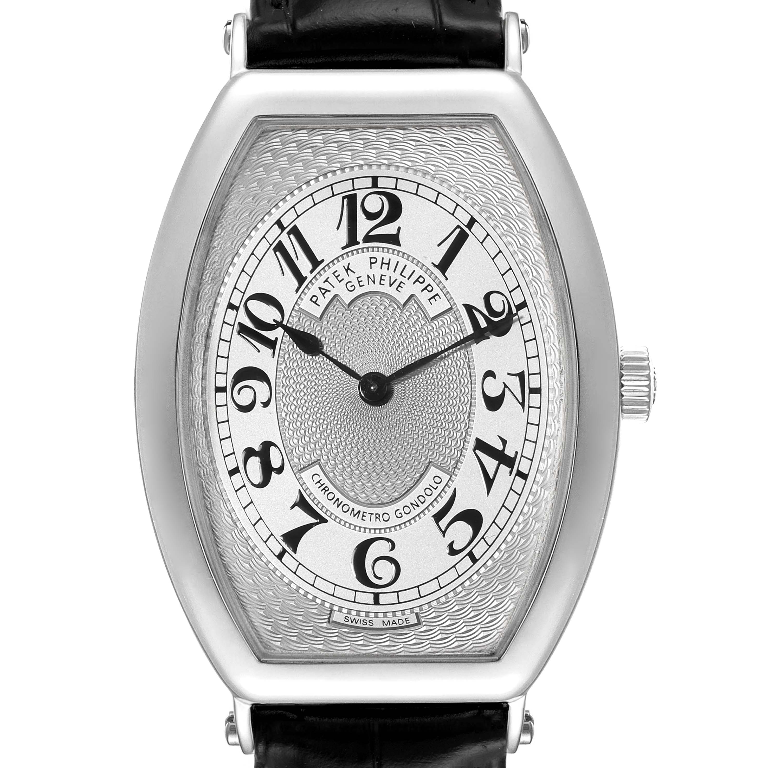 The image displays a frontal view of the Patek Philippe Gondolo 5098P Men
s Platinum Silver Dial 5098P Men
s Platinum Silver Dial watch, showcasing its face, dial, and strap connections.