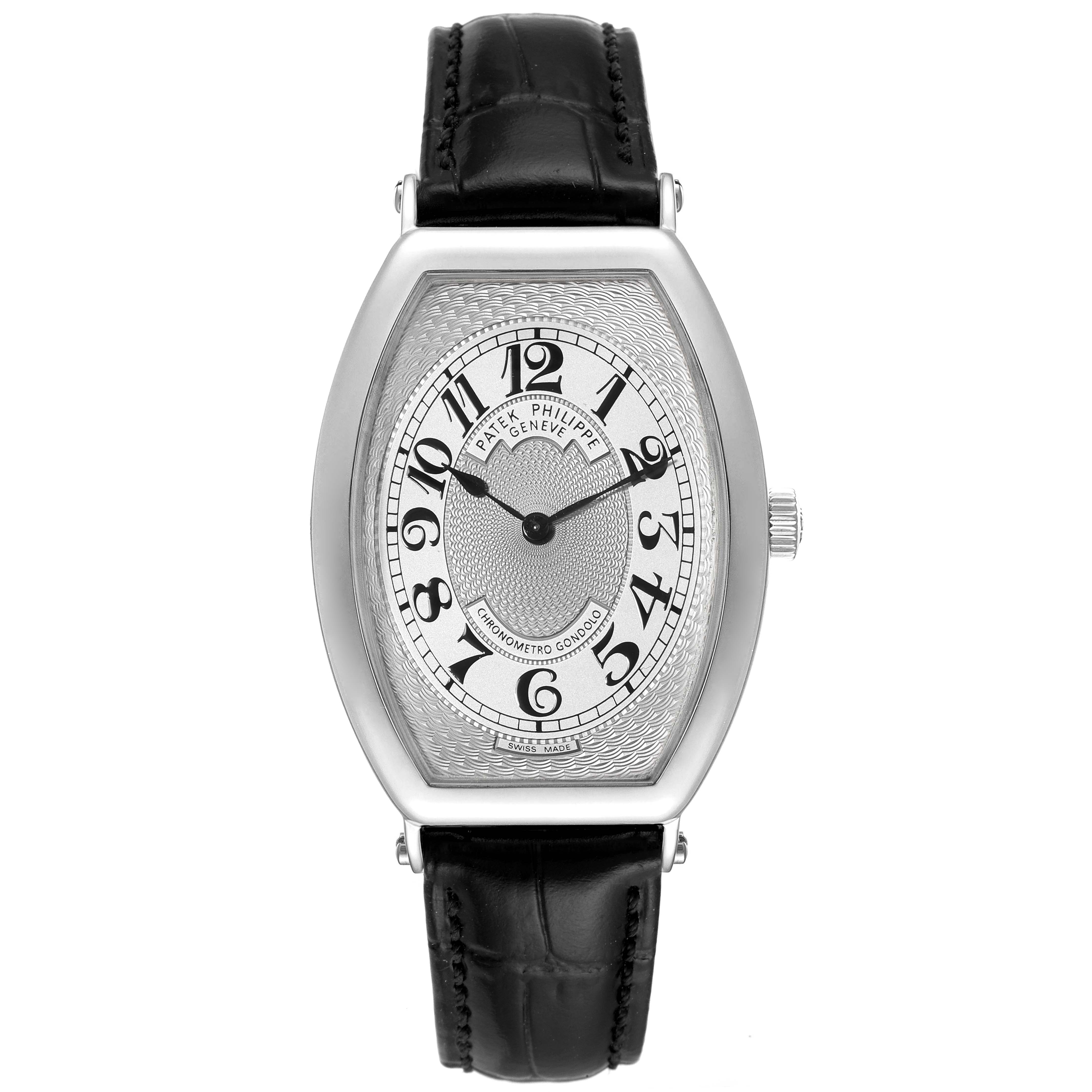 The image shows a front view of a Patek Philippe Gondolo 5098P Men
s Platinum Silver Dial 5098P Men
s Platinum Silver Dial with a black leather strap and silver dial.