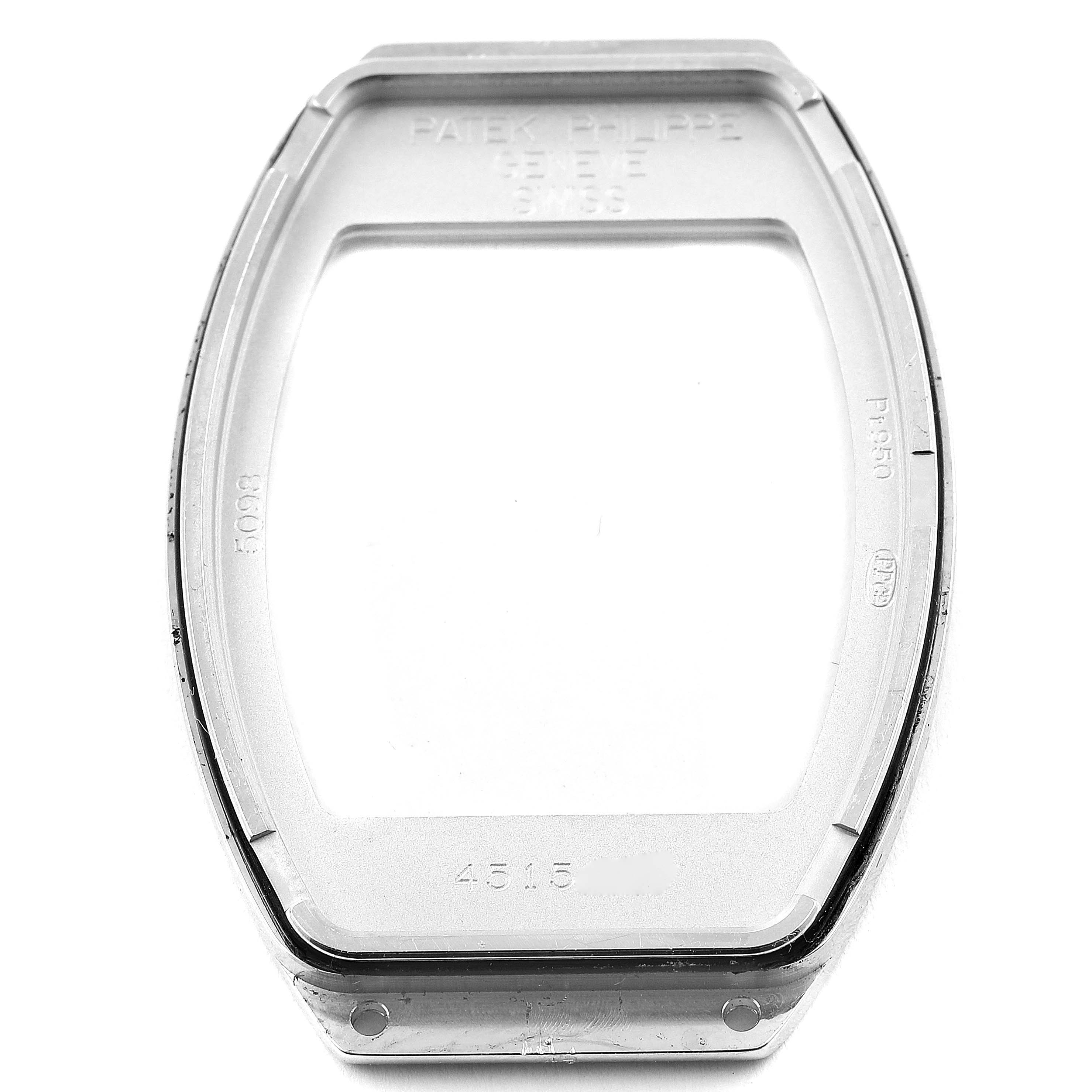 This image shows the case back of a Patek Philippe Gondolo 5098P Men
s Platinum Silver Dial 5098P Men
s Platinum Silver Dial watch from a top-down angle.