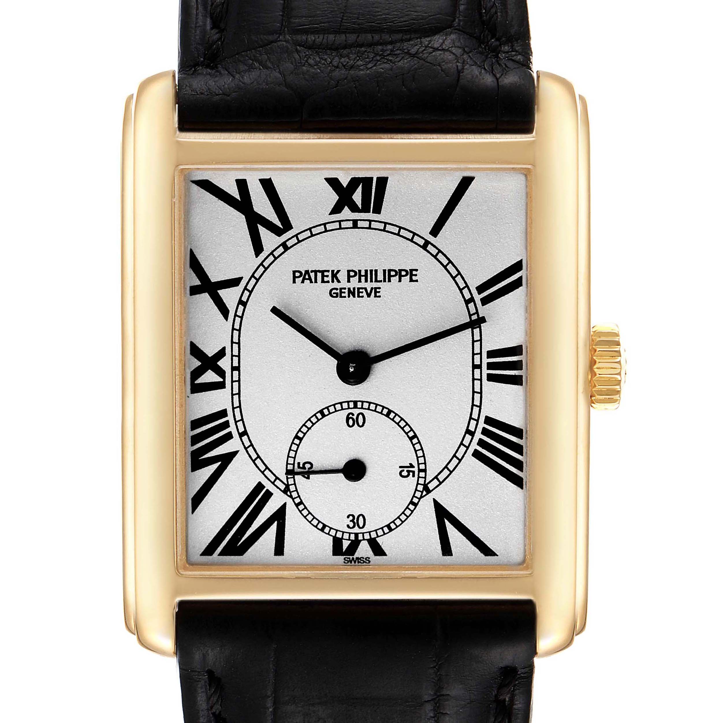 The image shows a front view of a Patek Philippe Gondolo 5014J Men's Yellow Gold Silver Dial 5014J Men's Yellow Gold Silver Dial watch, highlighting its dial, case, and crown.