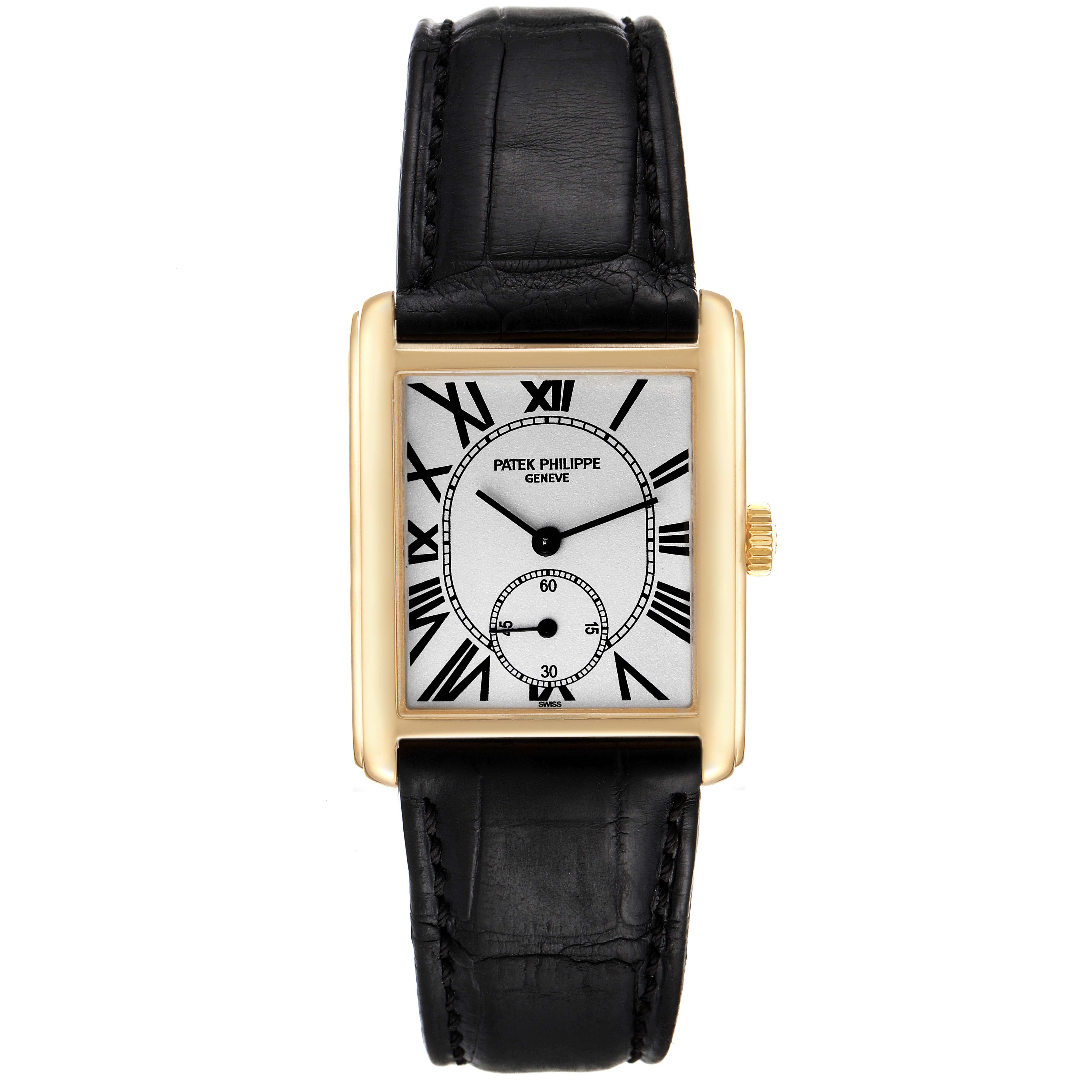 The image shows a frontal view of the Patek Philippe Gondolo 5014J Men's Yellow Gold Silver Dial 5014J Men's Yellow Gold Silver Dial watch with a black leather strap and rectangular gold casing.