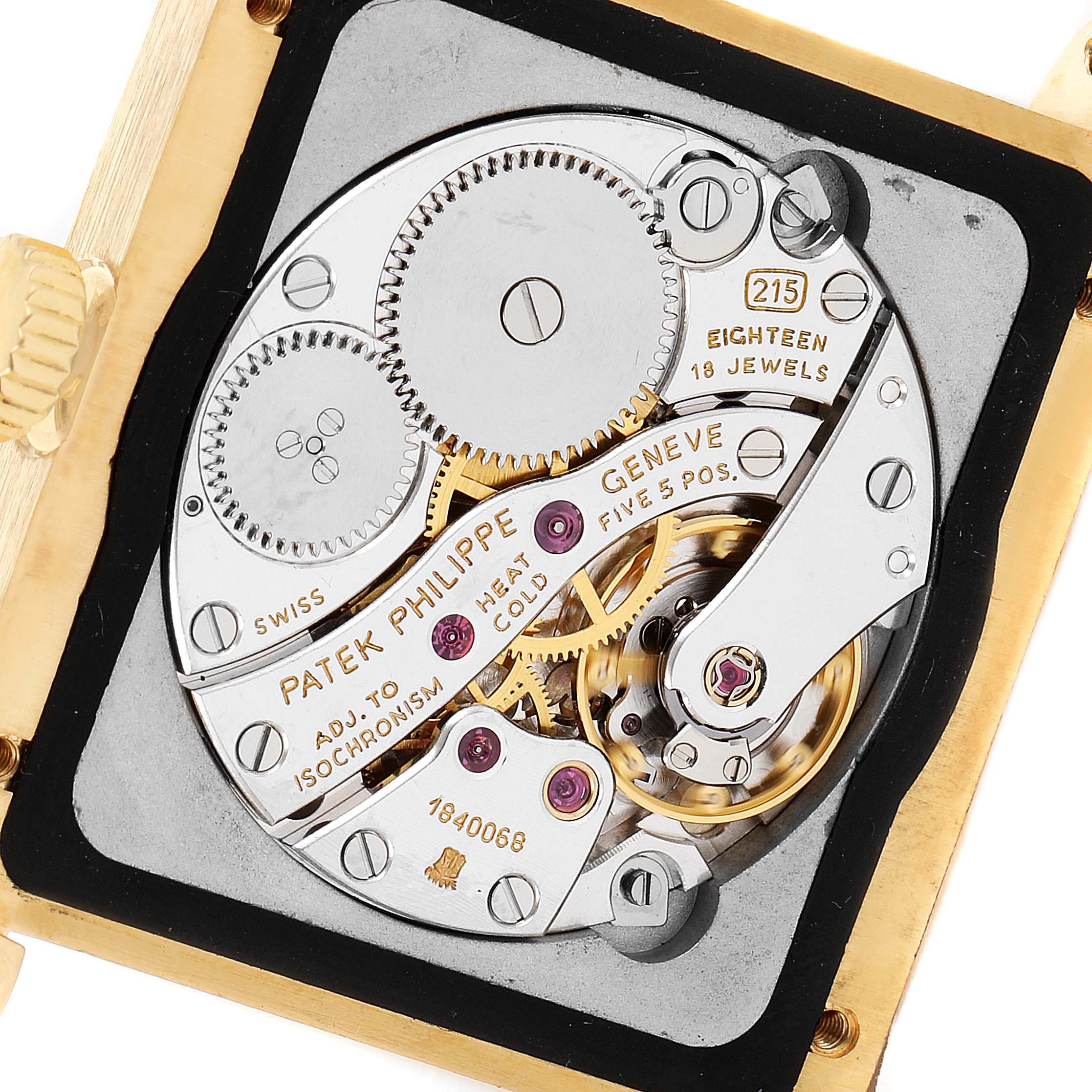 This image shows a close-up view of the movement of a Patek Philippe Gondolo 5014J Men's Yellow Gold Silver Dial 5014J Men's Yellow Gold Silver Dial watch.