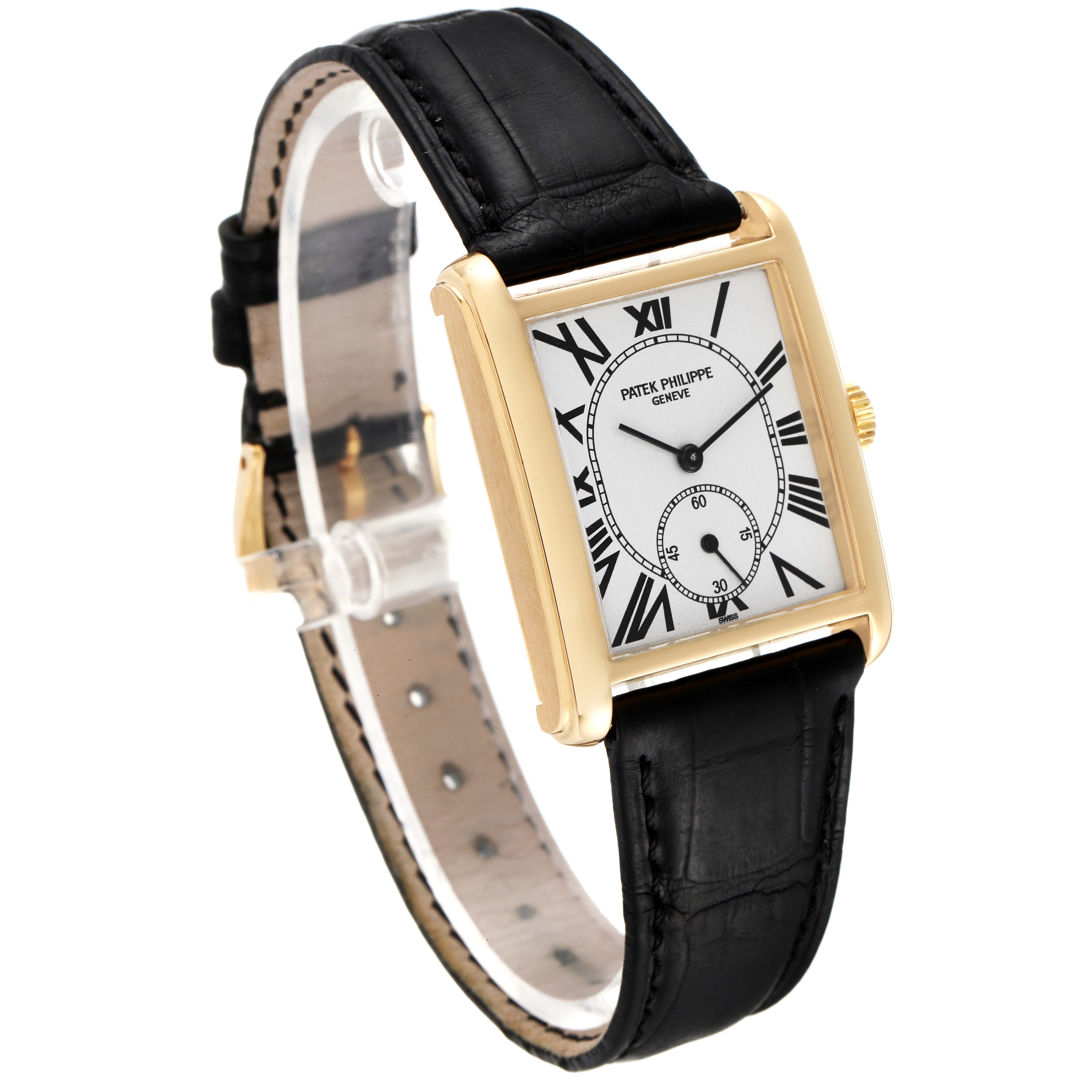 This image shows a side-angle view of a Patek Philippe Gondolo 5014J Men's Yellow Gold Silver Dial 5014J Men's Yellow Gold Silver Dial watch with a gold case and black leather strap.