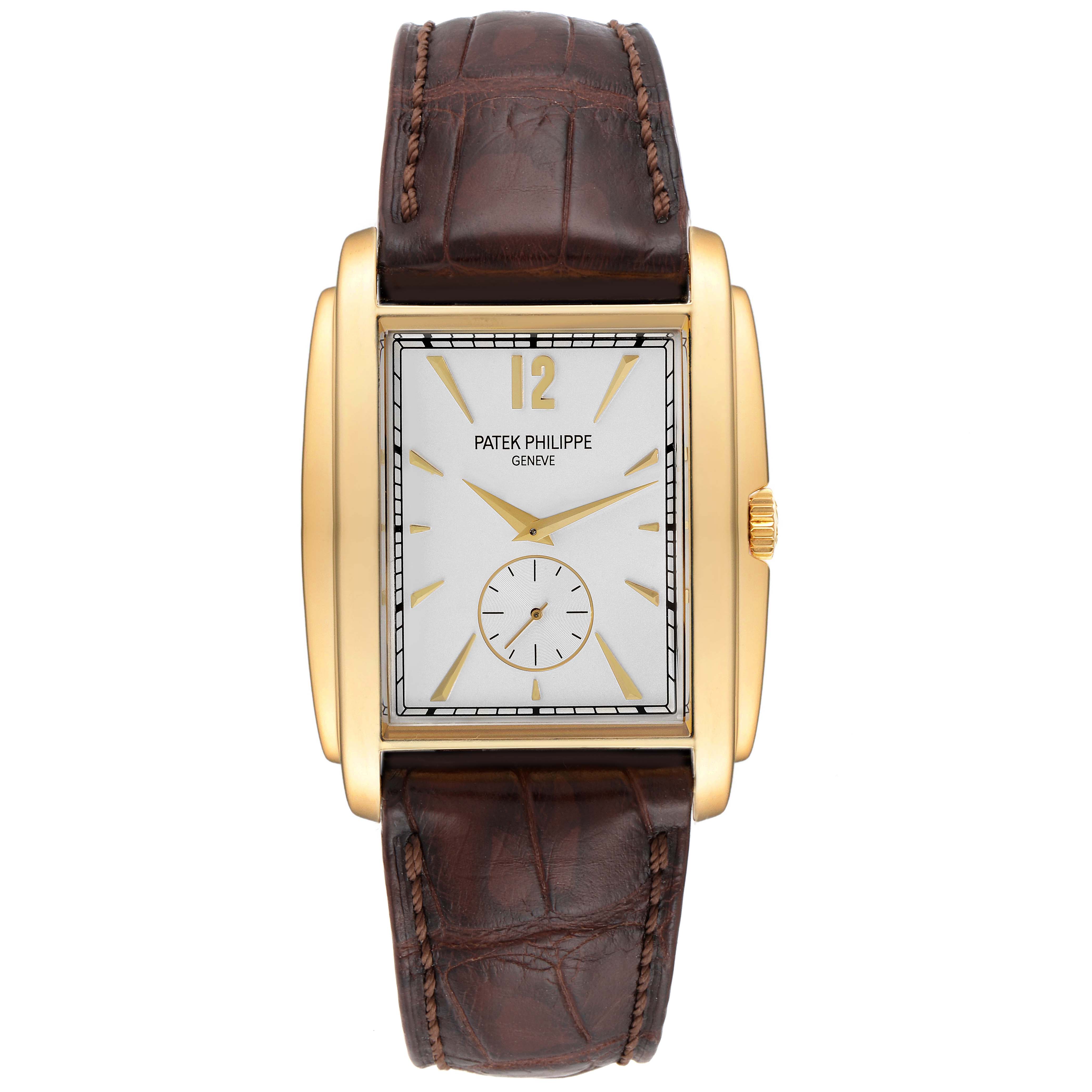 The image shows a frontal view of a Patek Philippe Gondolo 5124J Men's Yellow Gold Silver Dial 5124J Men's Yellow Gold Silver Dial watch with a brown leather strap and a gold rectangular case.