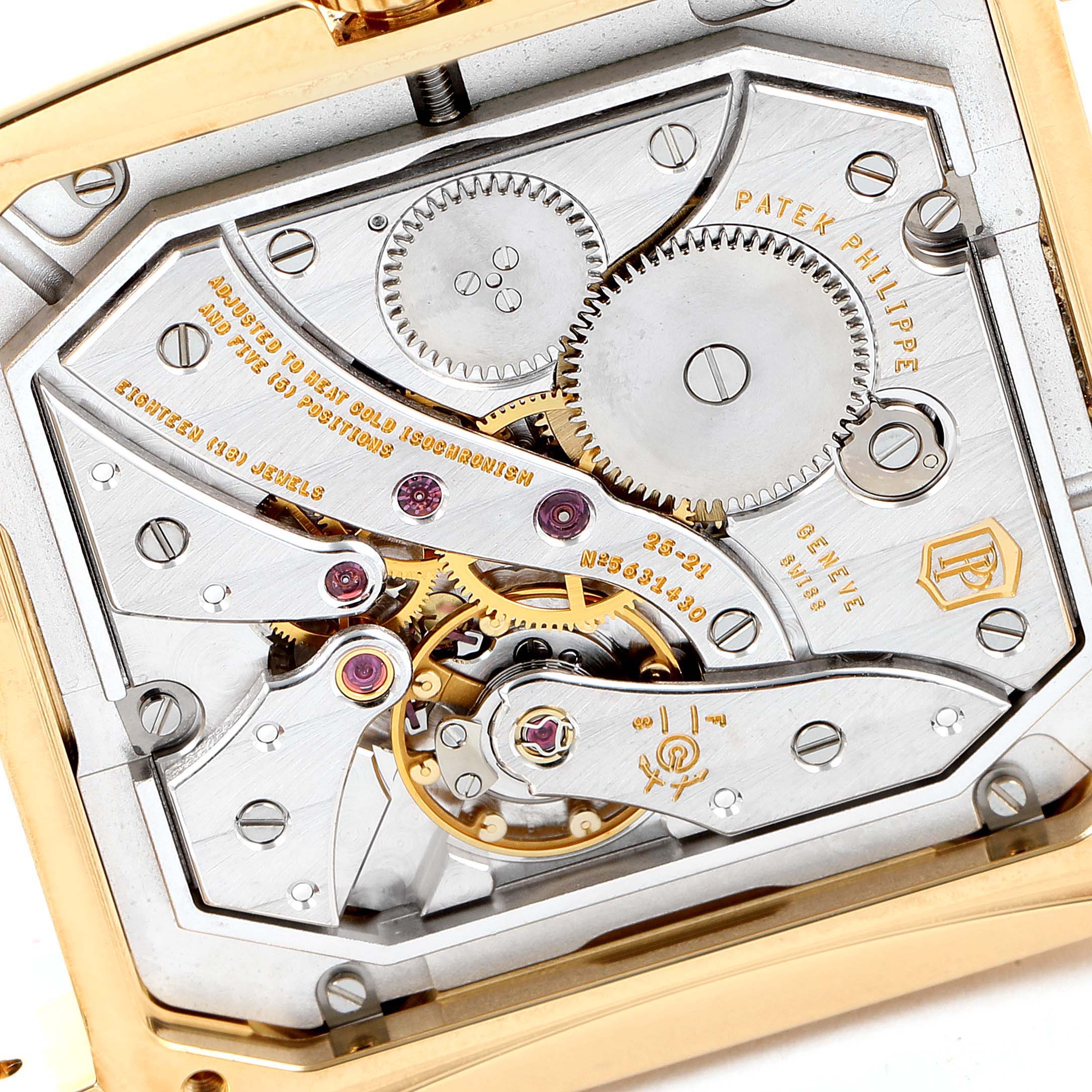 The image shows the movement mechanism of a Patek Philippe Gondolo 5124J Men's Yellow Gold Silver Dial 5124J Men's Yellow Gold Silver Dial watch, viewed from the rear with the case back removed.
