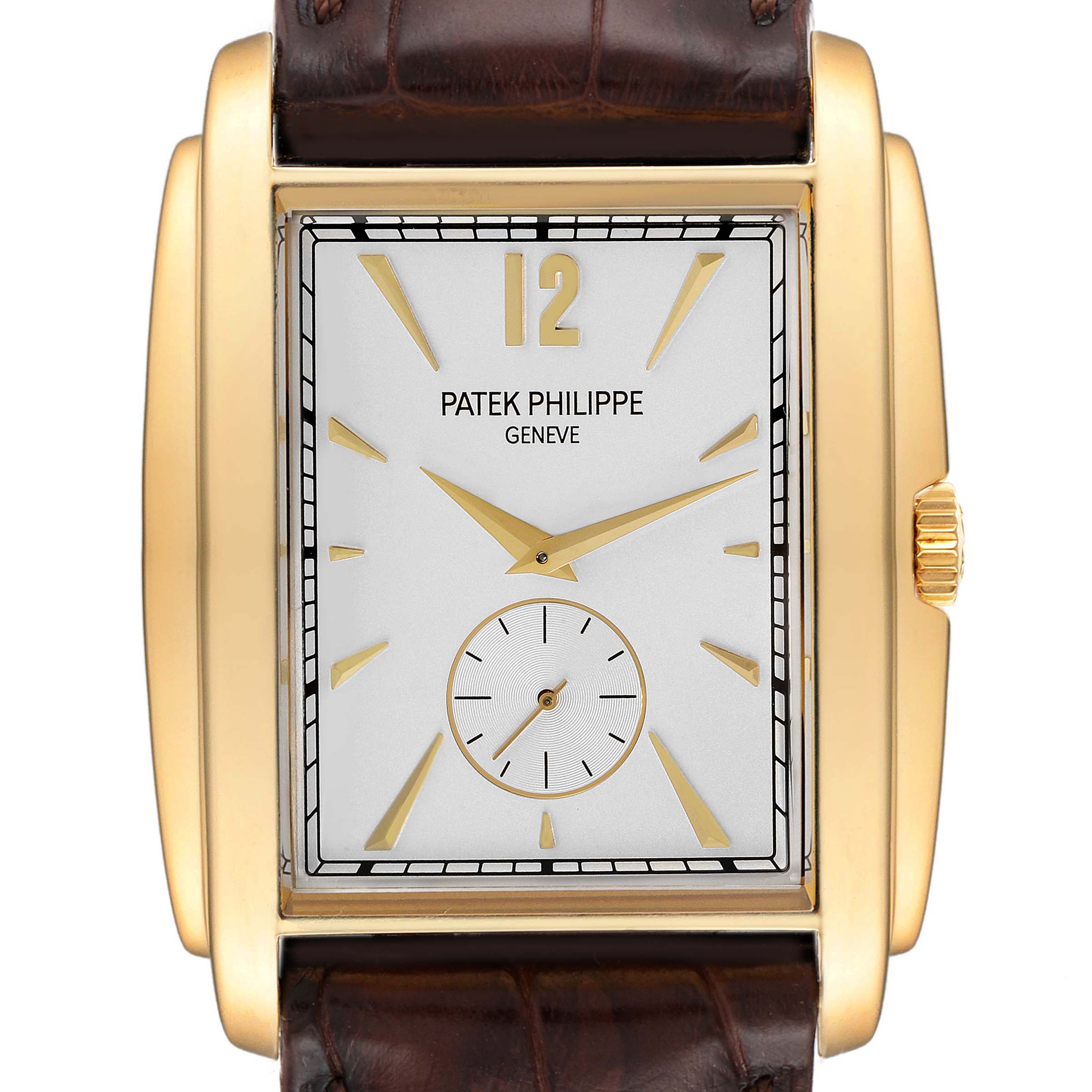 The image shows a front view of the Patek Philippe Gondolo 5124J Men's Yellow Gold Silver Dial 5124J Men's Yellow Gold Silver Dial watch, highlighting its rectangular dial, gold case, and leather strap.
