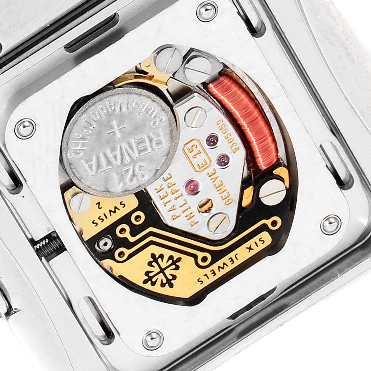 This image shows the back view of the internal mechanism of a Patek Philippe Twenty-4 4910/10A-010 Women's Stainless Steel Grey Dial 4910/10A-010 Women's Stainless Steel Grey Dial model watch.