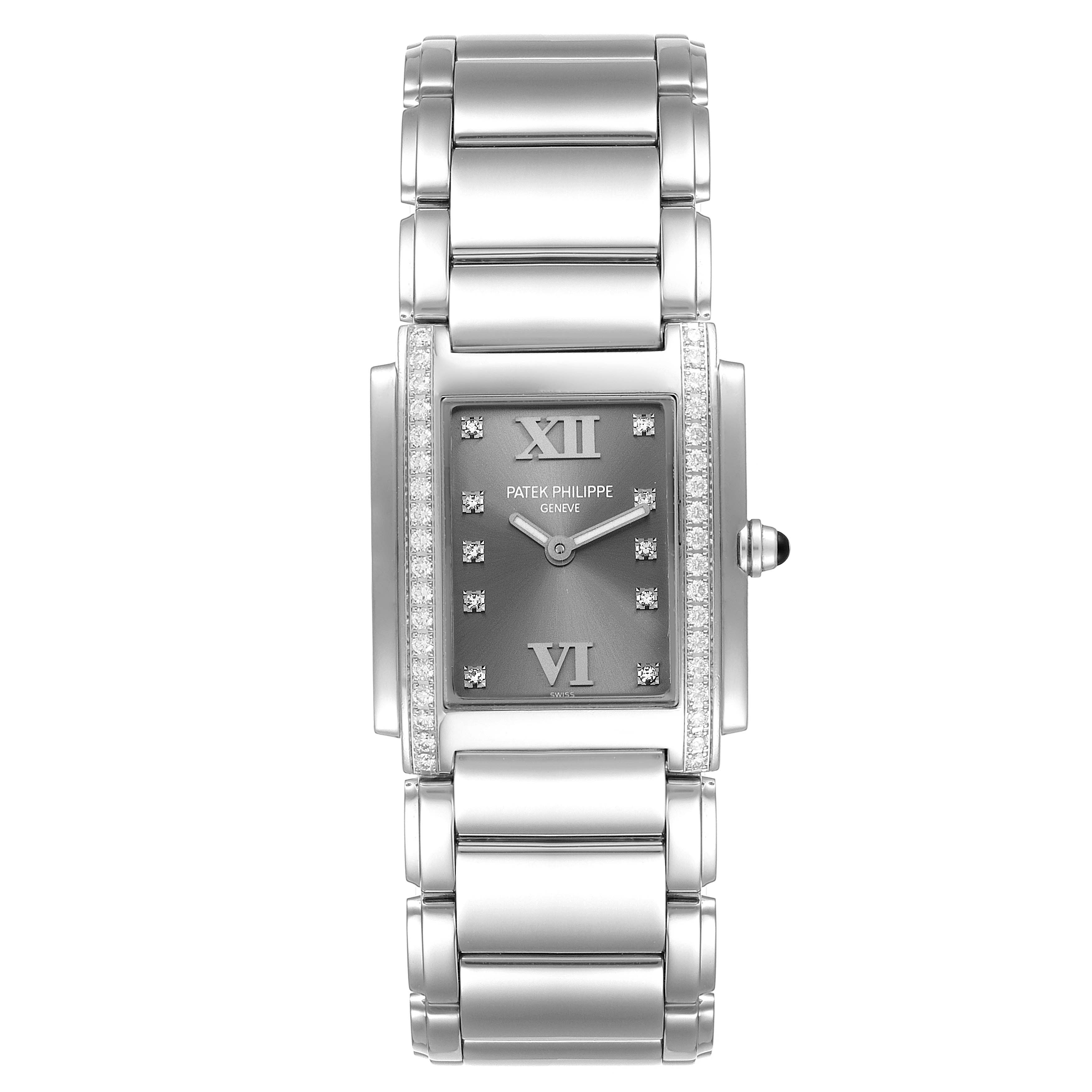 This image shows a front view of the Patek Philippe Twenty-4 4910/10A-010 Women's Stainless Steel Grey Dial 4910/10A-010 Women's Stainless Steel Grey Dial watch, displaying the dial, bracelet, and diamond accents.