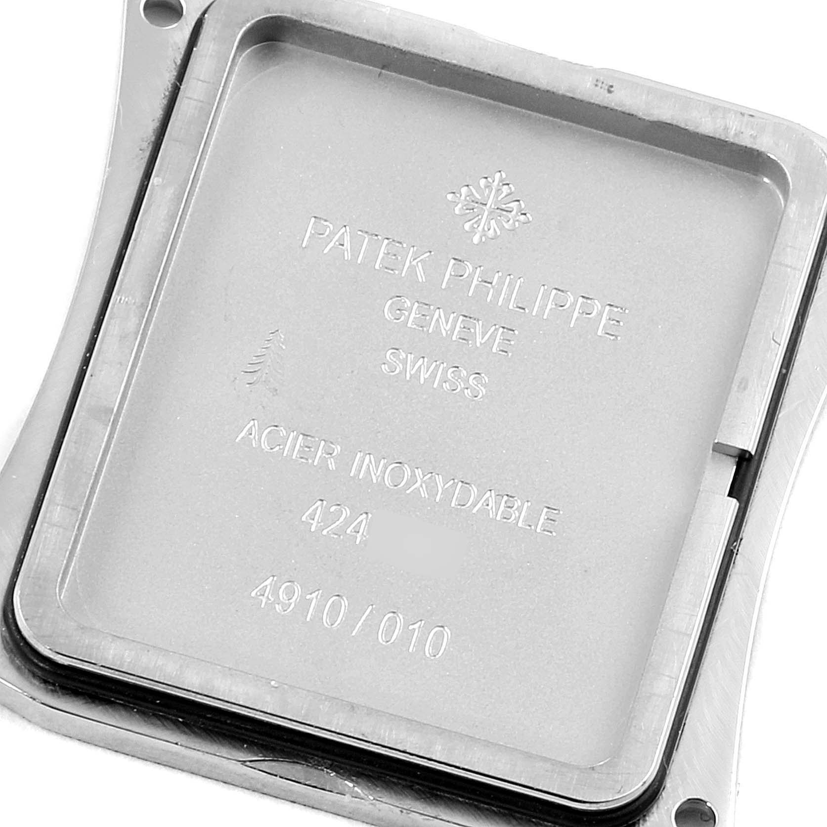 This is a close-up view of the case back for the Patek Philippe Twenty-4 4910/10A-010 Women's Stainless Steel Grey Dial 4910/10A-010 Women's Stainless Steel Grey Dial model.