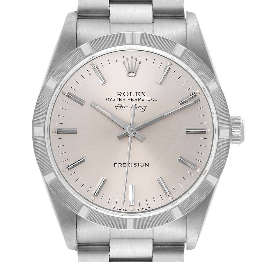 Rolex Air King Silver Dial Engine Turned Bezel Steel Mens Watch 14010 SwissWatchExpo