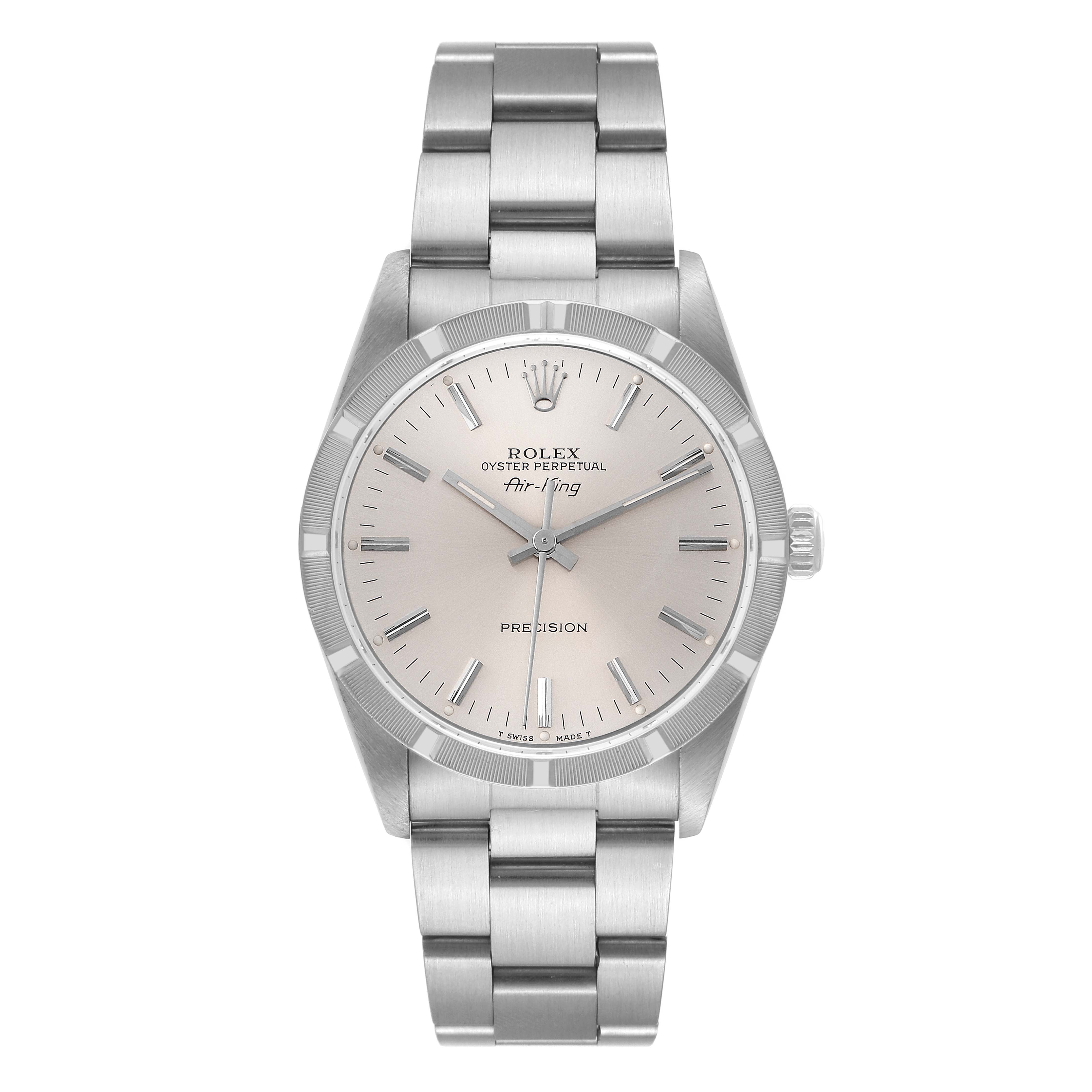The image shows a front view of the Rolex Air-King 14010 Men's Stainless Steel Silver Dial 14010 Men's Stainless Steel Silver Dial watch featuring its dial, bezel, and bracelet.