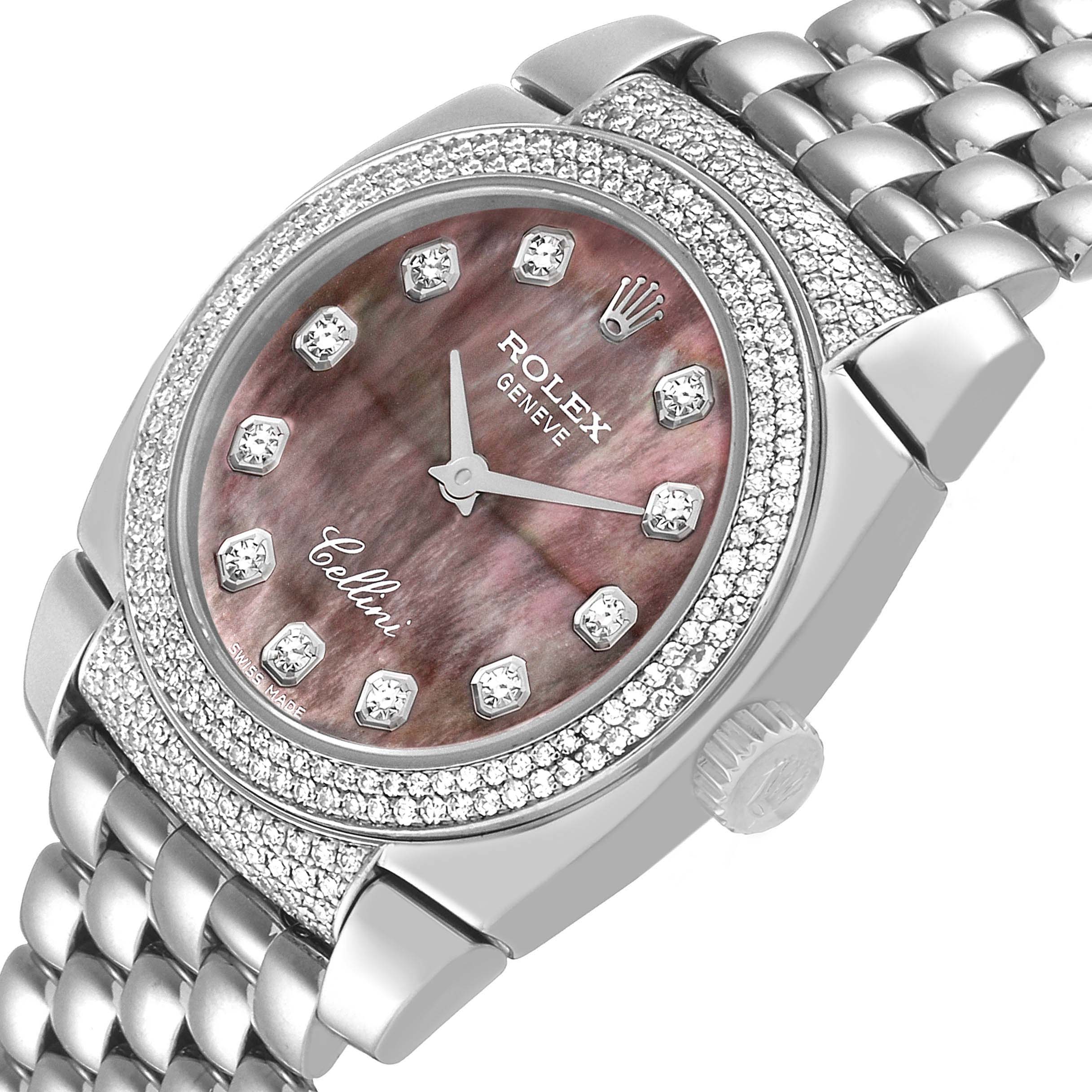 This image shows a close-up angle of the Rolex Cellini 6311 Women's White Gold Mother of Pearl Dial 6311 Women's White Gold Mother of Pearl Dial watch face and band, highlighting the dial and jeweled bezel.