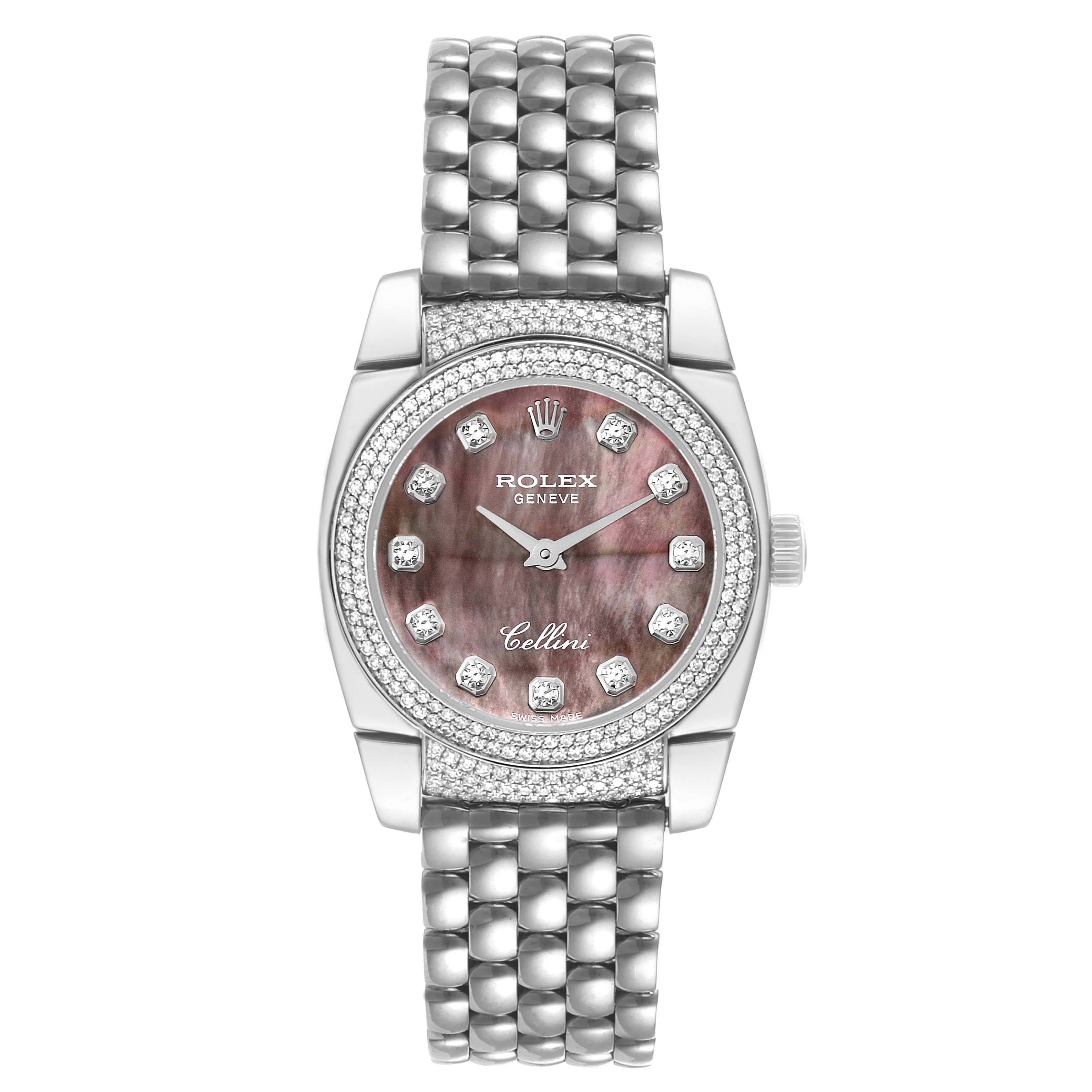 This image shows a front view of a Rolex Cellini 6311 Women's White Gold Mother of Pearl Dial 6311 Women's White Gold Mother of Pearl Dial watch, highlighting its face, bracelet, bezel, and crown.