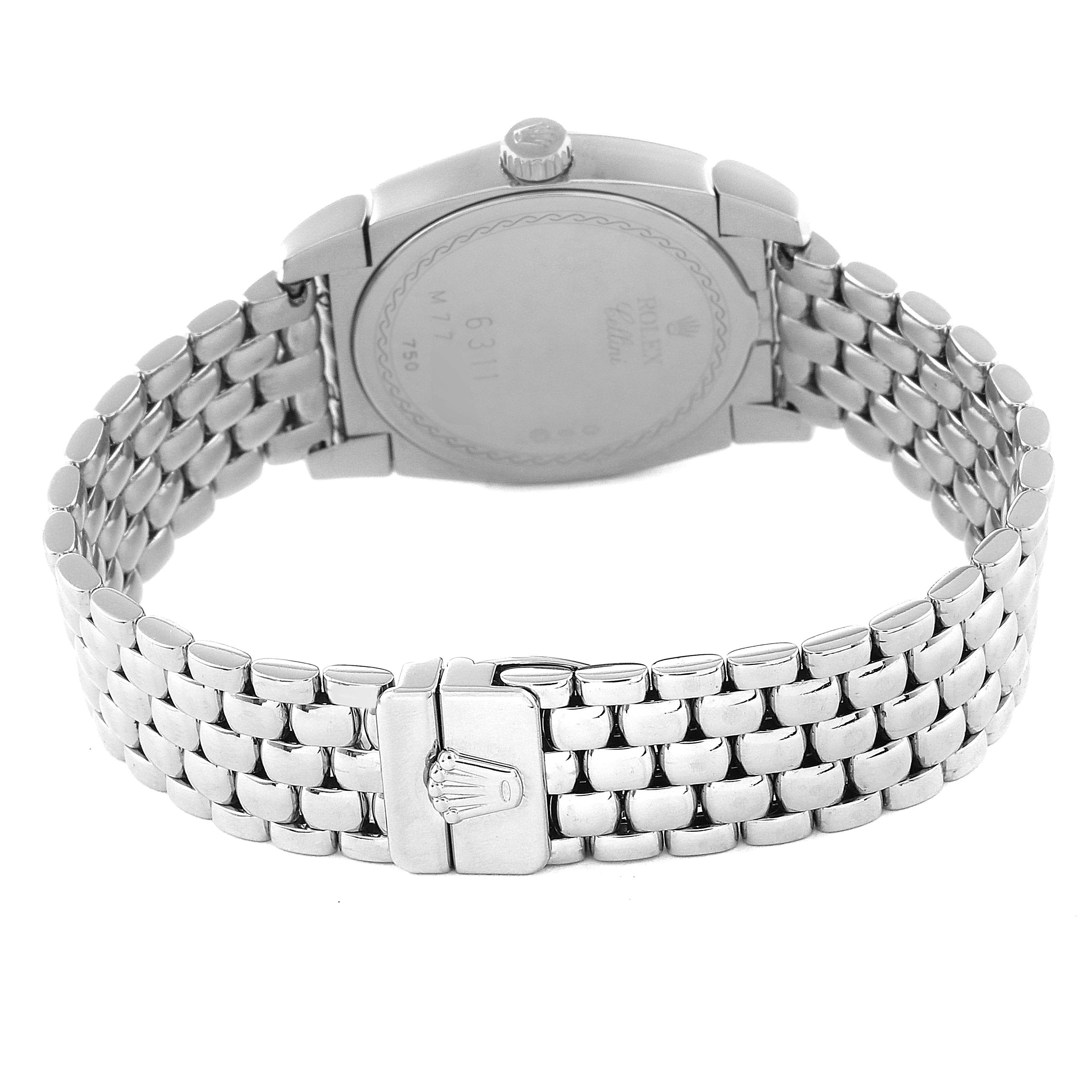 The image shows the back of a Rolex Cellini 6311 Women's White Gold Mother of Pearl Dial 6311 Women's White Gold Mother of Pearl Dial watch, highlighting the case back and bracelet with the Rolex crown logo on the clasp.