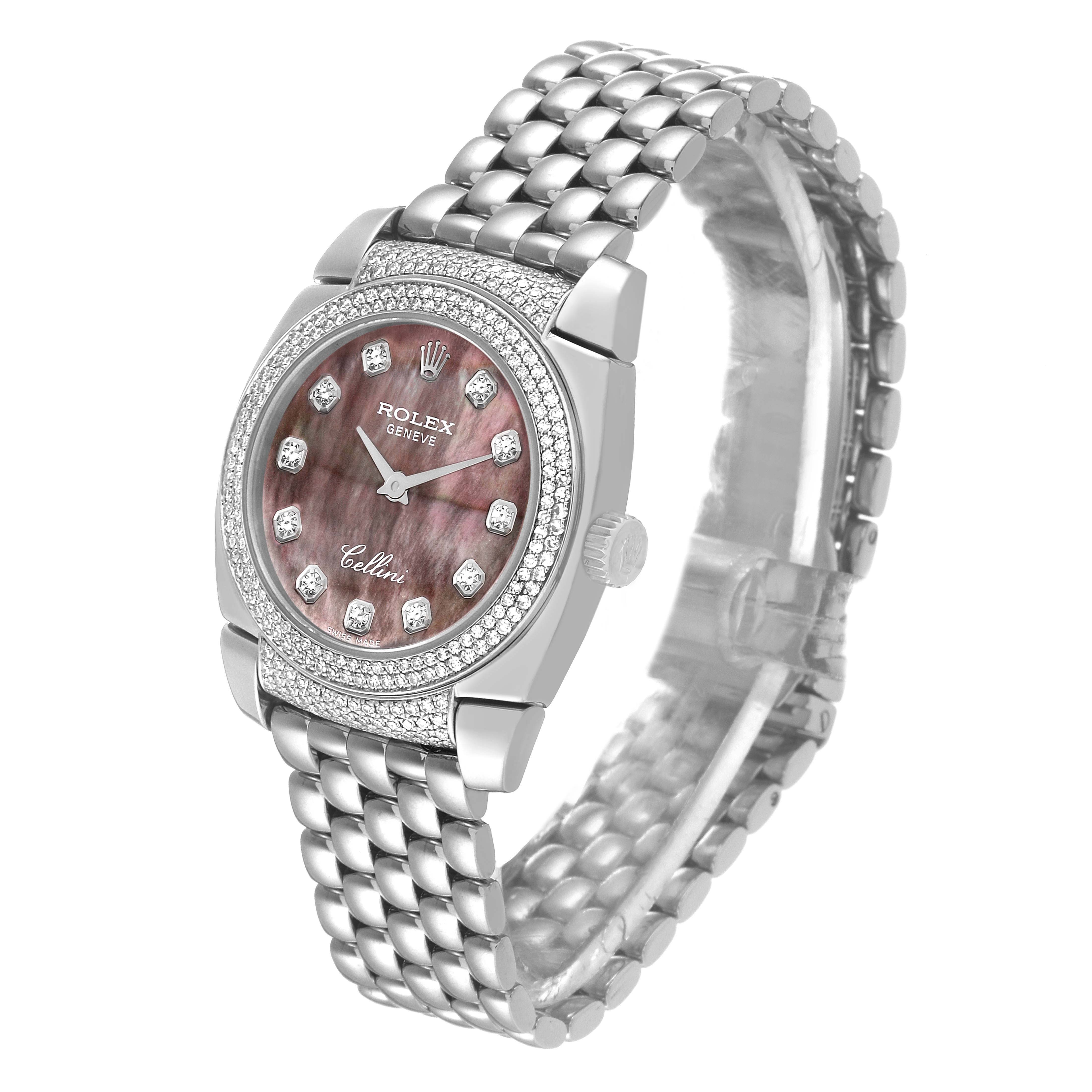 The Rolex Cellini 6311 Women's White Gold Mother of Pearl Dial 6311 Women's White Gold Mother of Pearl Dial watch is shown at an angled view, displaying its face, bezel, crown, and bracelet.