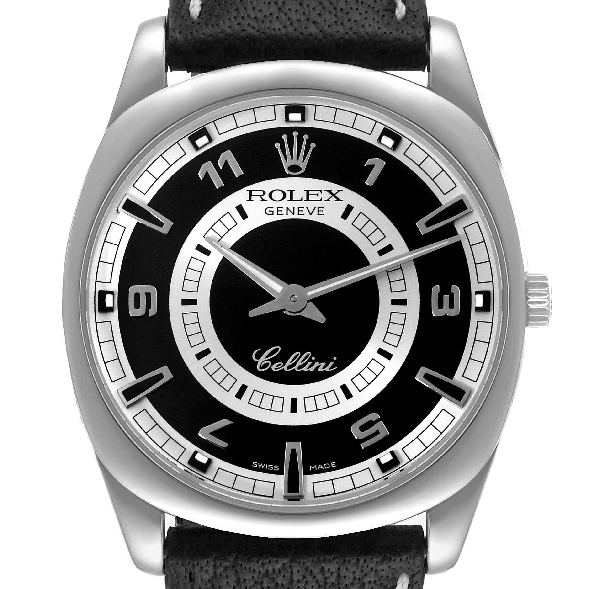 The image shows a front view of the Rolex Cellini 4243 Men
s White Gold Black Dial 4243 Men
s White Gold Black Dial watch, highlighting its dial, hands, crown, and leather strap.