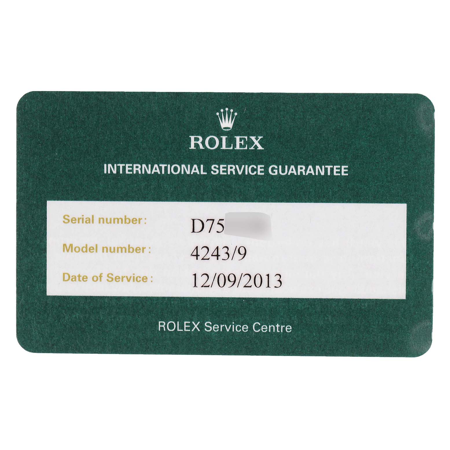 This image shows the international service guarantee card for a Rolex Cellini 4243 Men
s White Gold Black Dial 4243 Men
s White Gold Black Dial watch, model number 4243/9.