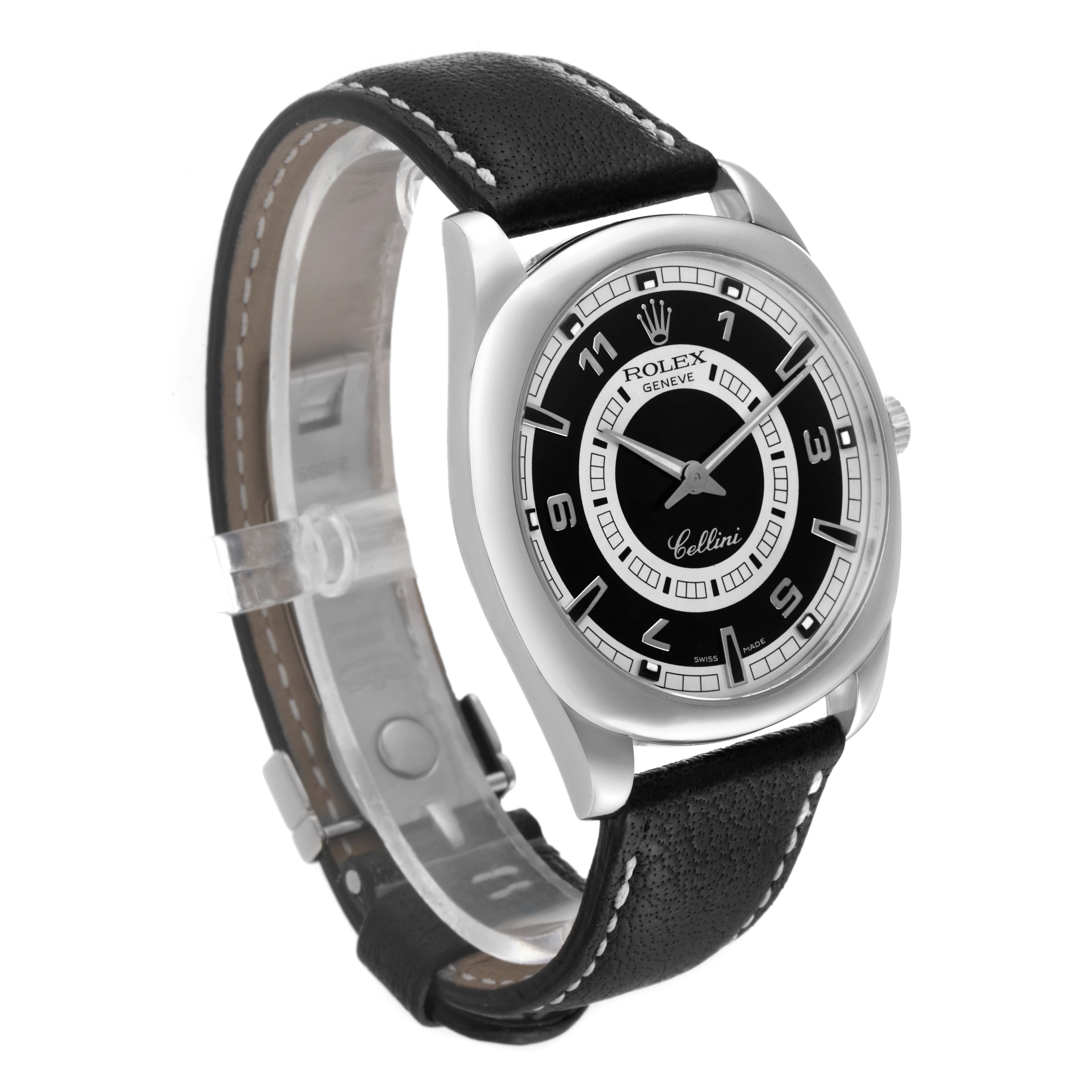The Rolex Cellini 4243 Men
s White Gold Black Dial 4243 Men
s White Gold Black Dial watch is shown at a three-quarter angle, displaying the face, case, crown, and leather strap.