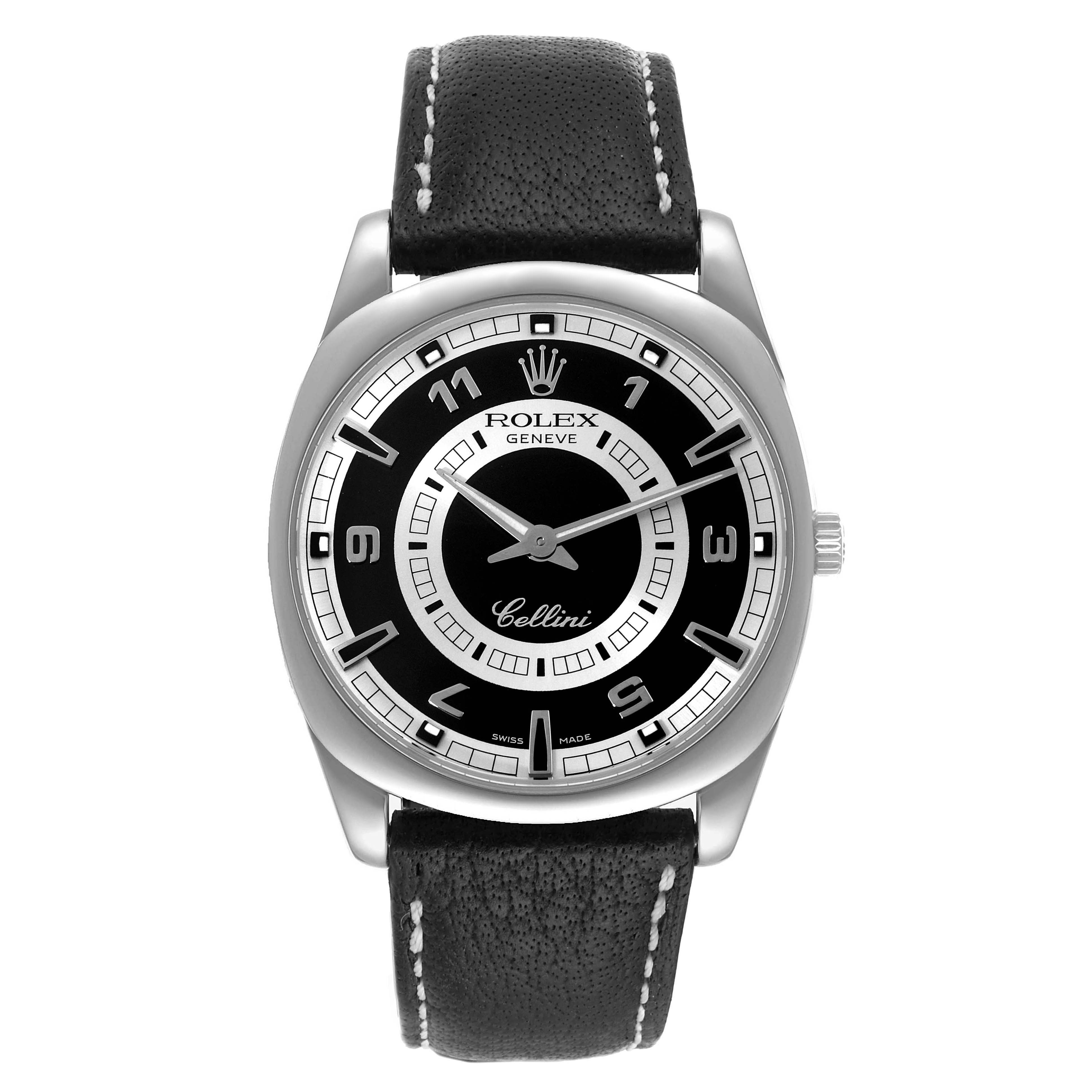 The image shows a front view of a Rolex Cellini 4243 Men
s White Gold Black Dial 4243 Men
s White Gold Black Dial model watch, displaying the face, bezel, crown, and leather strap.