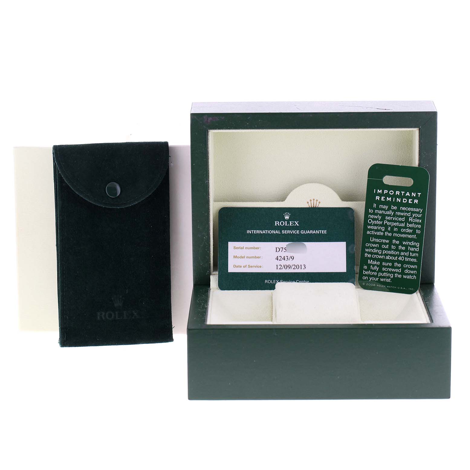 The image shows the packaging, guarantee card, and accessories for the Rolex Cellini 4243 Men
s White Gold Black Dial 4243 Men
s White Gold Black Dial model.