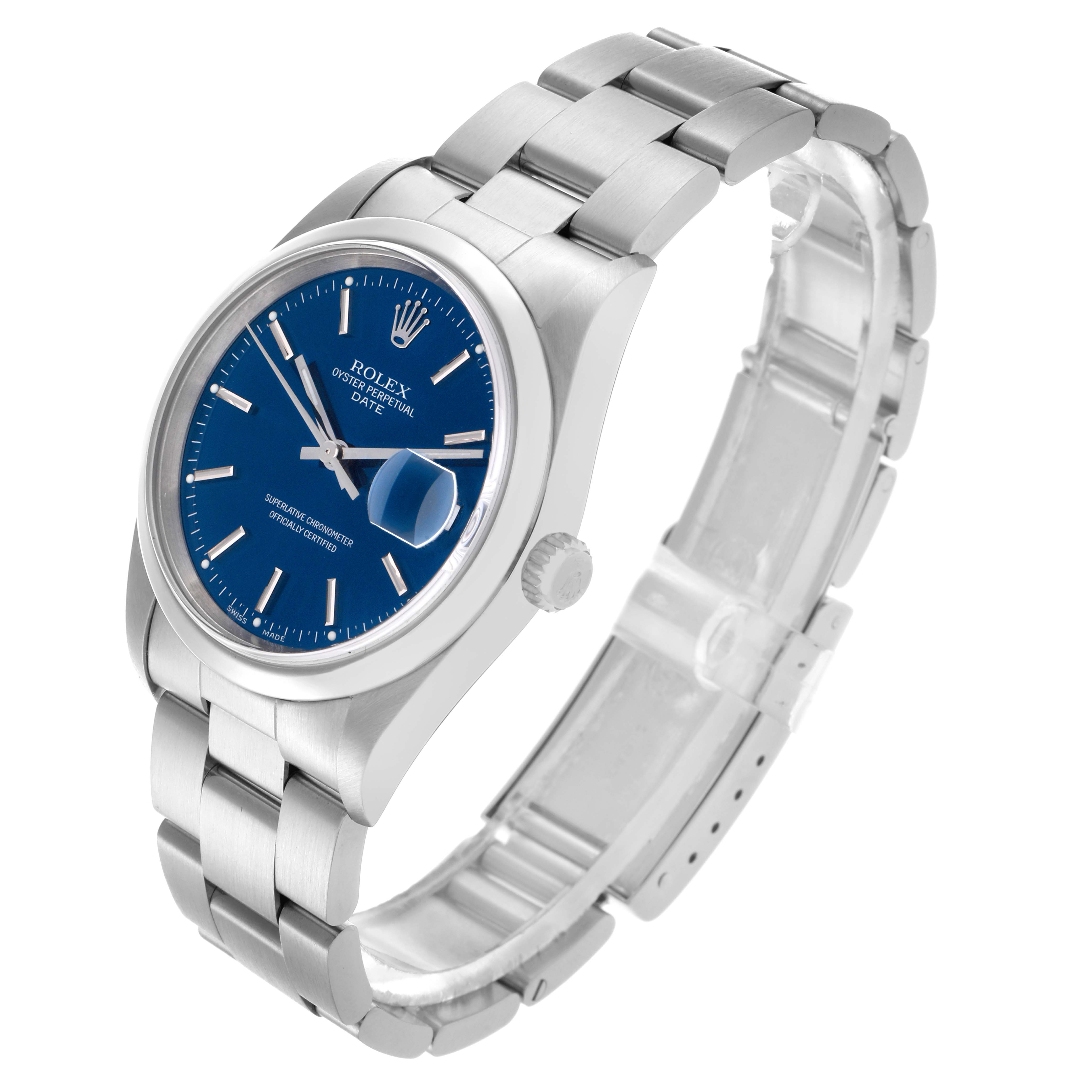 The Rolex Date 15200 Men
s Stainless Steel Blue Dial 15200 Men
s Stainless Steel Blue Dial watch is shown at a three-quarter angle, highlighting the blue dial, bezel, crown, and part of the bracelet.