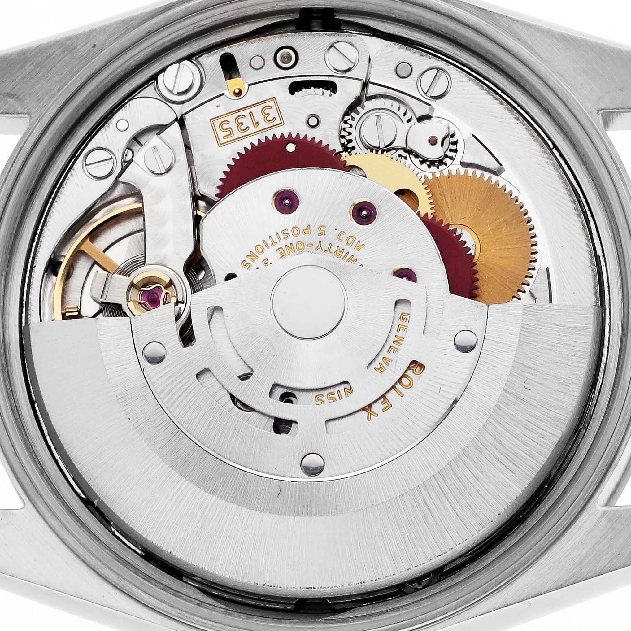 This image shows the movement of a Rolex Date 15200 Men
s Stainless Steel Blue Dial 15200 Men
s Stainless Steel Blue Dial watch from a top-down angle, highlighting gears and the rotor.