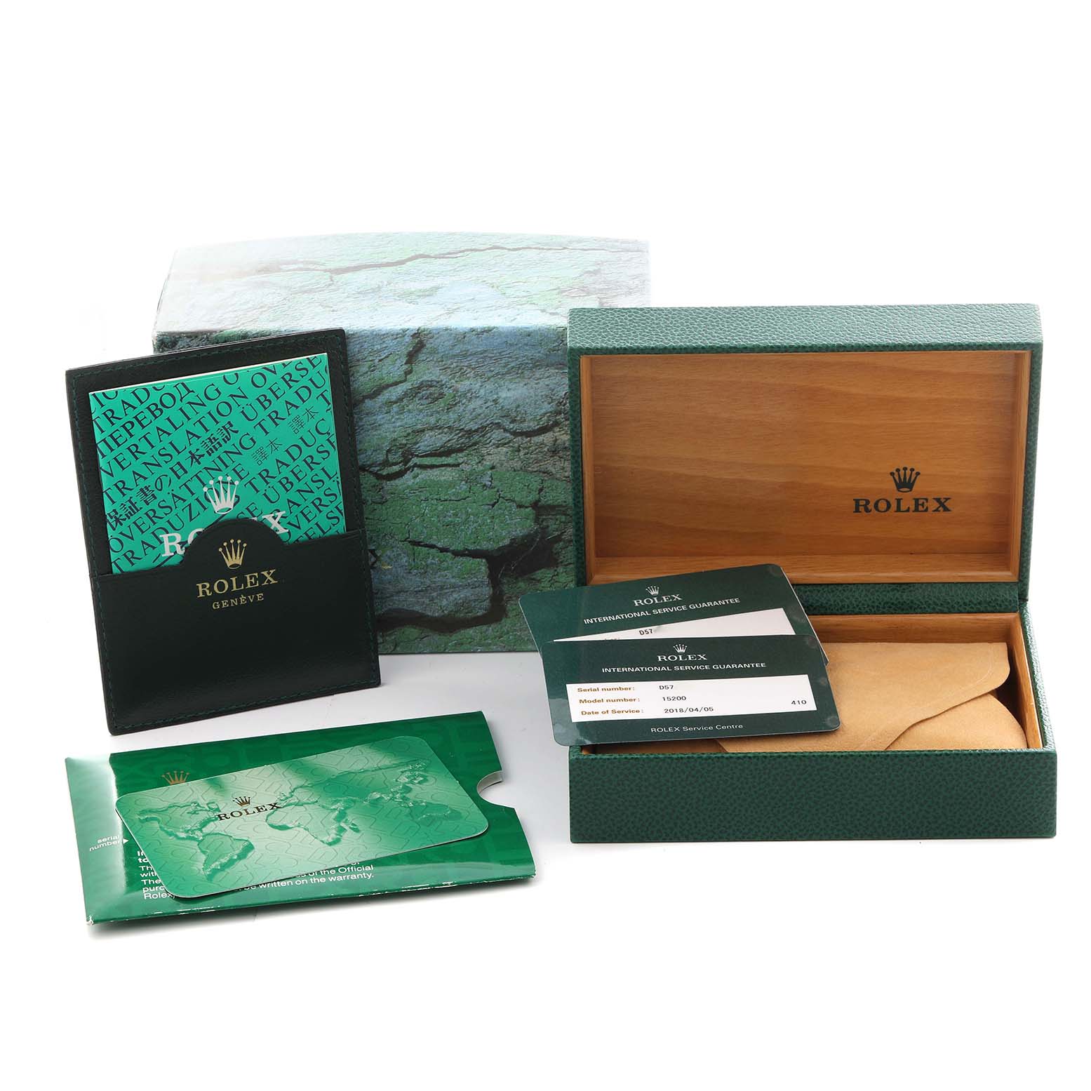 The image shows the packaging and accessories for a Rolex Date 15200 Men
s Stainless Steel Blue Dial 15200 Men
s Stainless Steel Blue Dial model, including the box, warranty cards, and booklets, from a top angle.