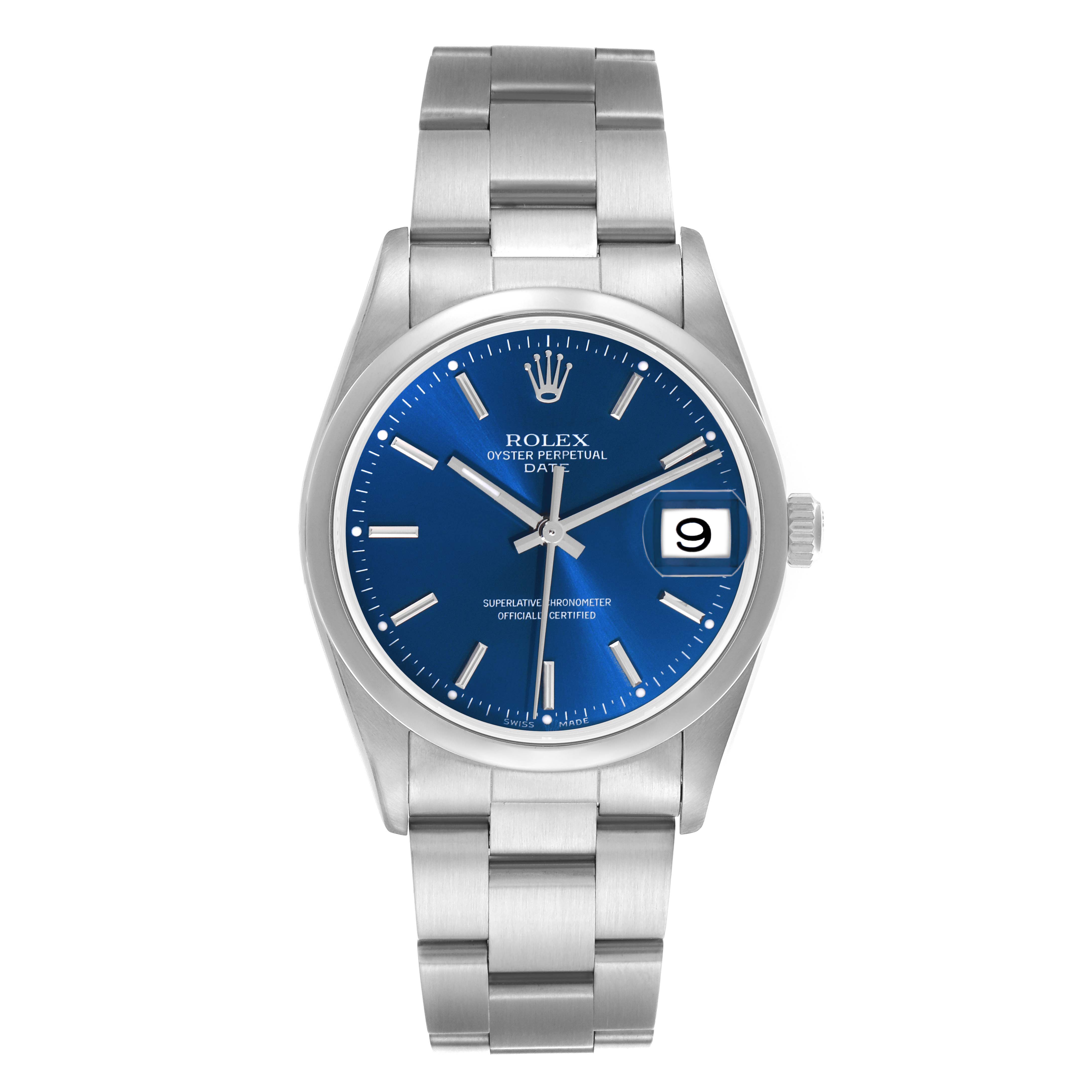 The Rolex Date 15200 Men
s Stainless Steel Blue Dial 15200 Men
s Stainless Steel Blue Dial model watch is shown from a front view, showcasing its blue dial, silver bracelet, and date window at 3 o
clock.