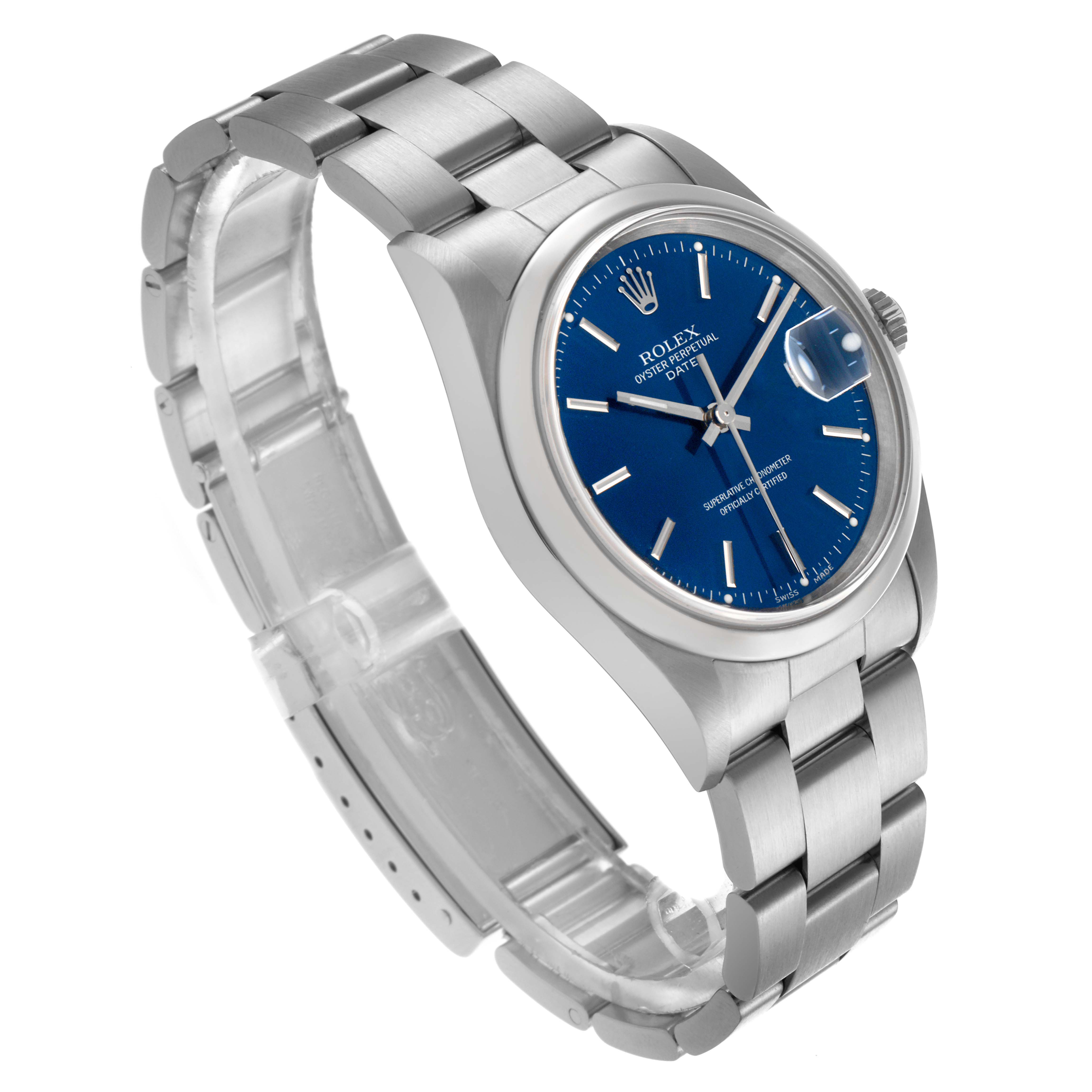 The Rolex Date 15200 Men
s Stainless Steel Blue Dial 15200 Men
s Stainless Steel Blue Dial model watch is shown at a three-quarter angle, highlighting the blue dial, case, and metal bracelet.