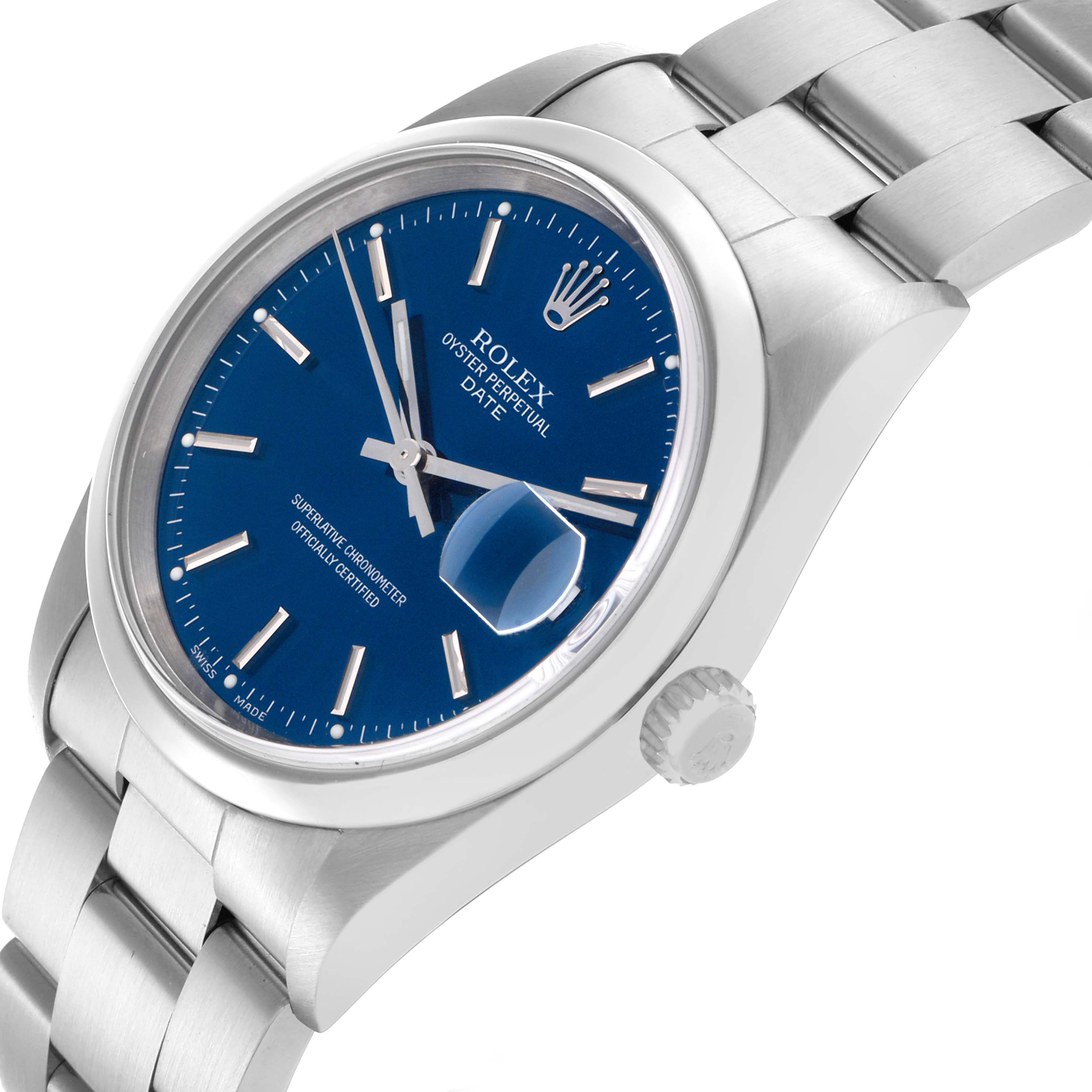 The Rolex Date 15200 Men
s Stainless Steel Blue Dial 15200 Men
s Stainless Steel Blue Dial watch is shown at a three-quarter angle, highlighting the case, dial, crown, and part of the bracelet.