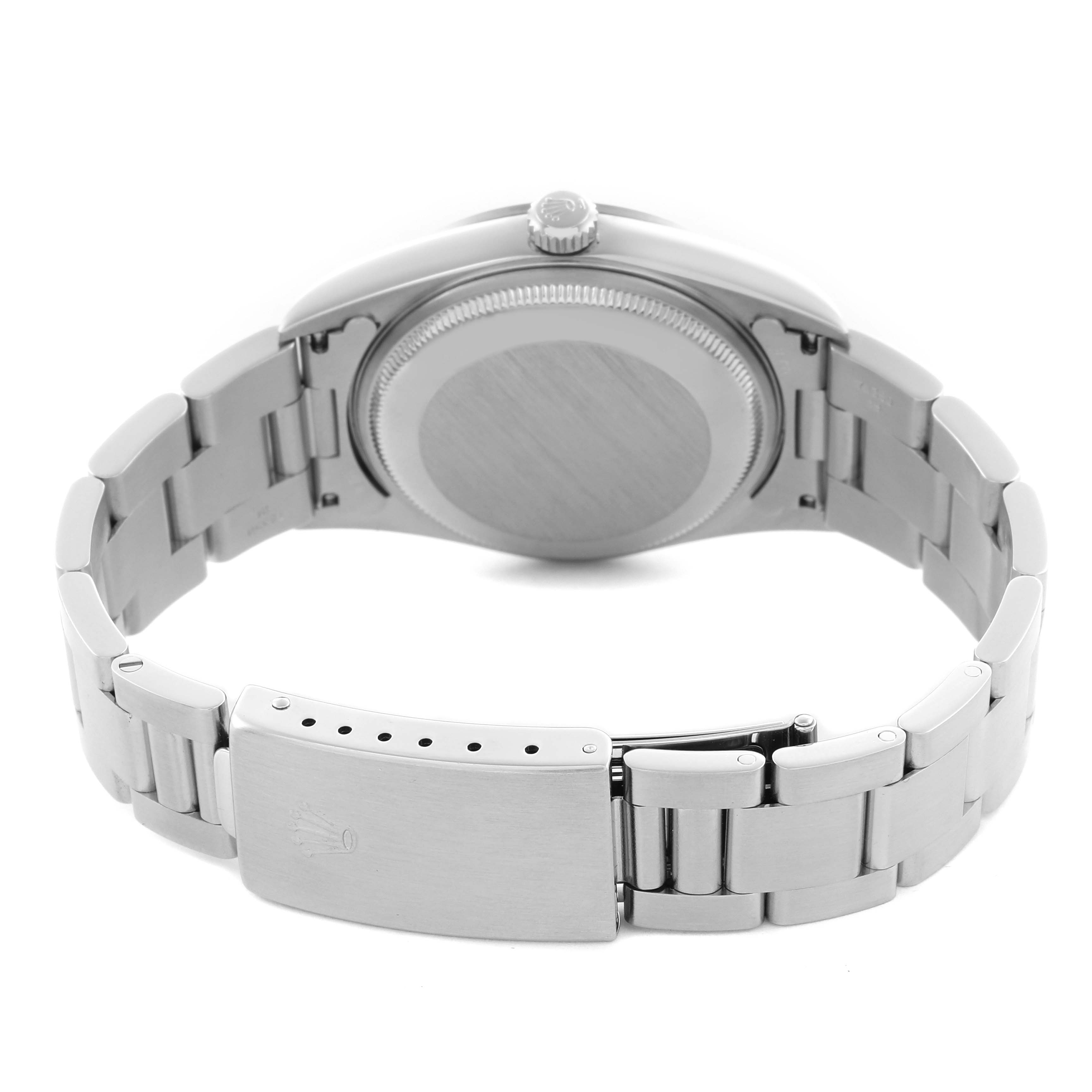 The image shows the back and bracelet of a Rolex Date 15200 Men
s Stainless Steel Blue Dial 15200 Men
s Stainless Steel Blue Dial model, featuring the clasp and case back.